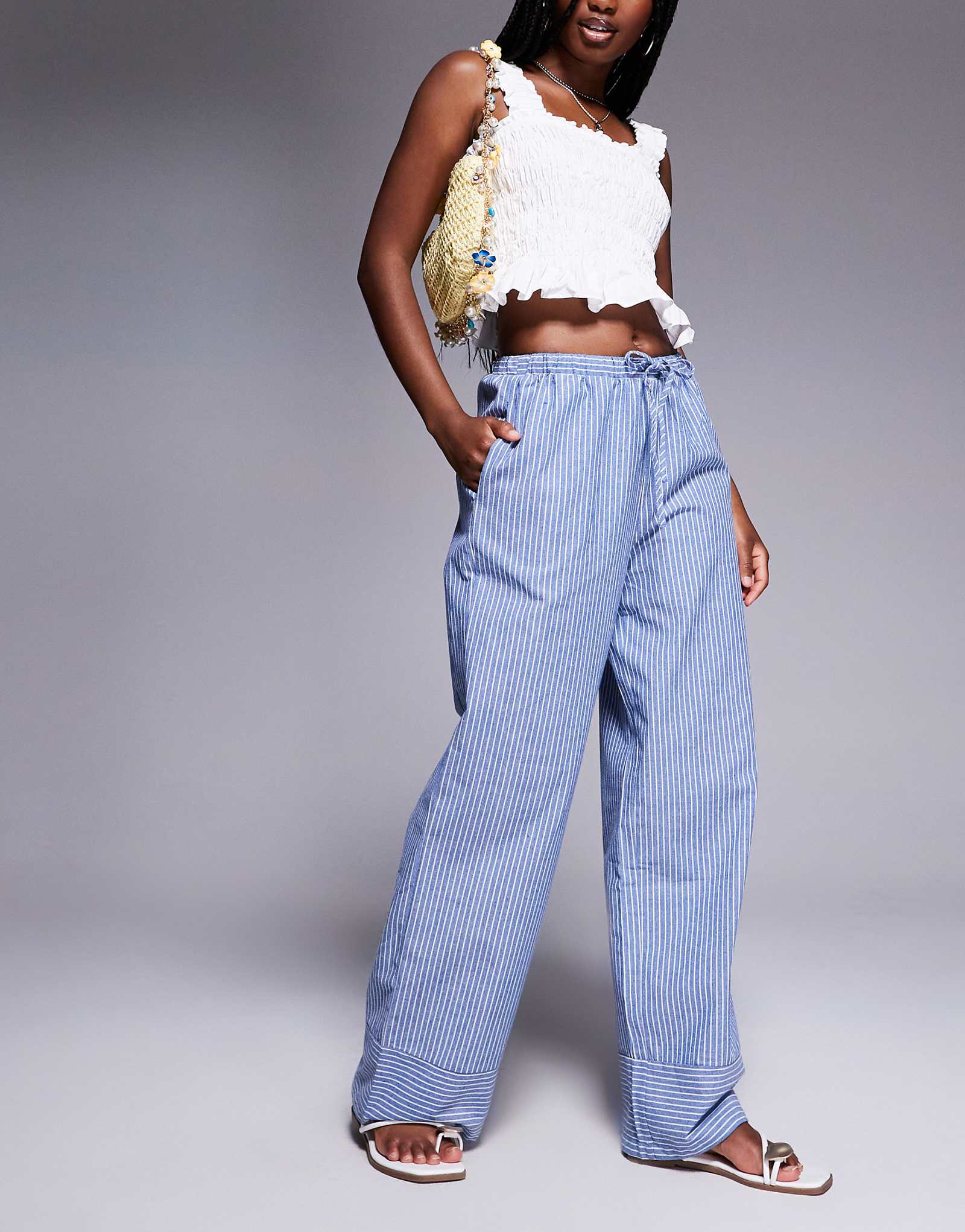 Льняные брюки Princess Polly Veridian с завязками на талии и широкими штанинами в синюю полоску 5890₽