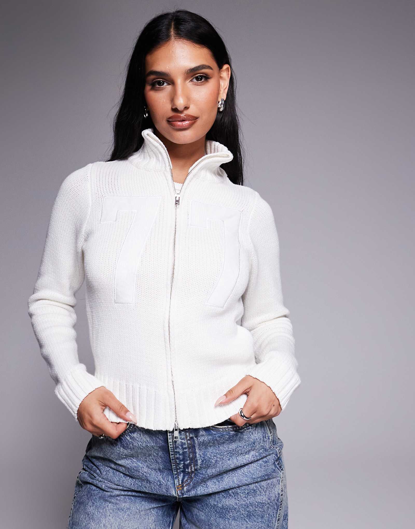 Кардиган из рубчатого трикотажа Princess Polly с высоким воротом и застежкой-молнией белого цвета