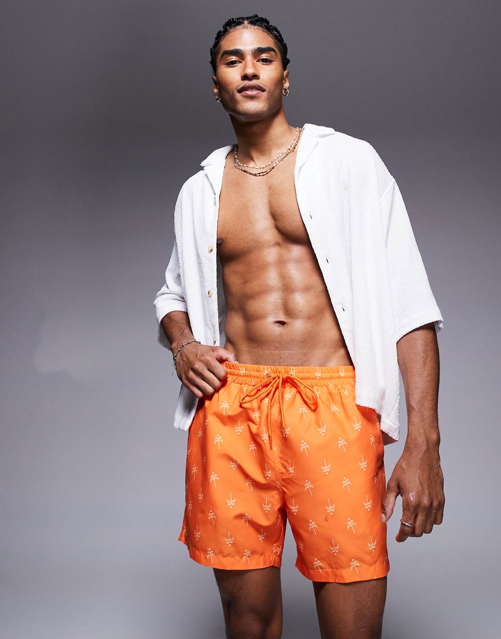 Оранжевые плавательные шорты с принтом пальмы на Южном пляже