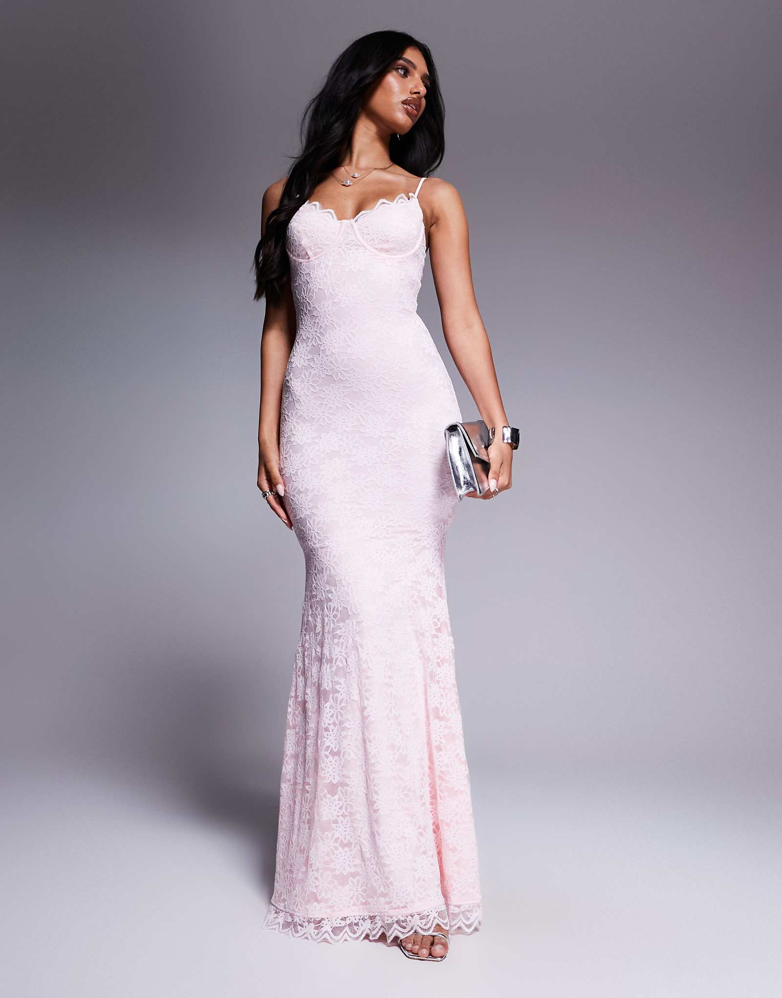 Макси-платье Wanderdoll Leah из структурированного батистового кружева с рыбьим хвостом нежно-розового цвета