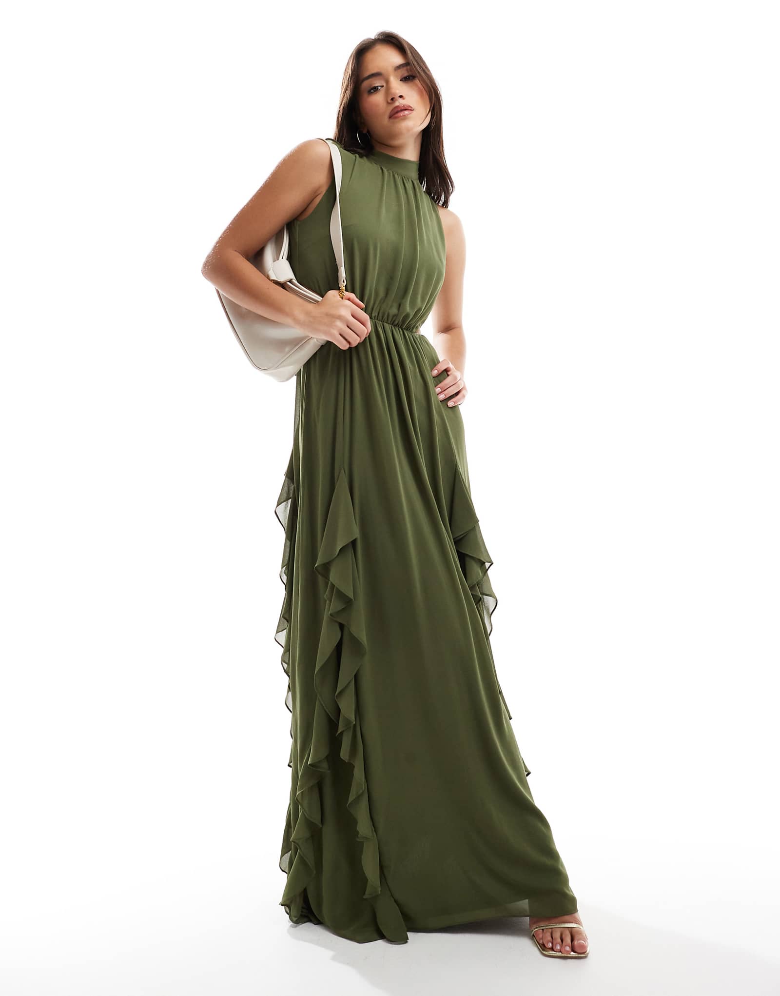 Макси-платье TFNC с оборками на спине и разрезом по бедрам нежно-оливкового цвета