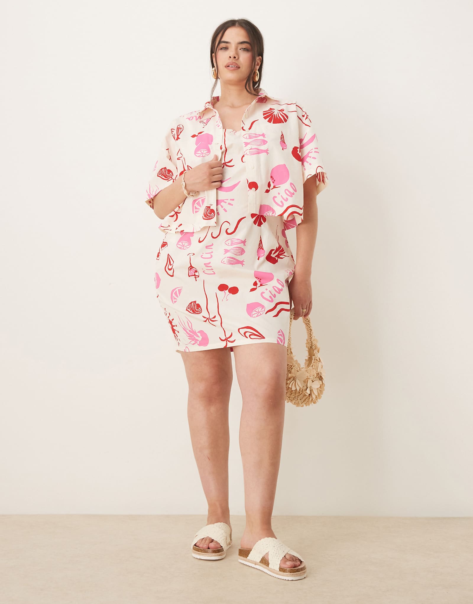 Облегающее мини-платье из поплина ASOS DESIGN Curve с ярким принтом - часть комплекта