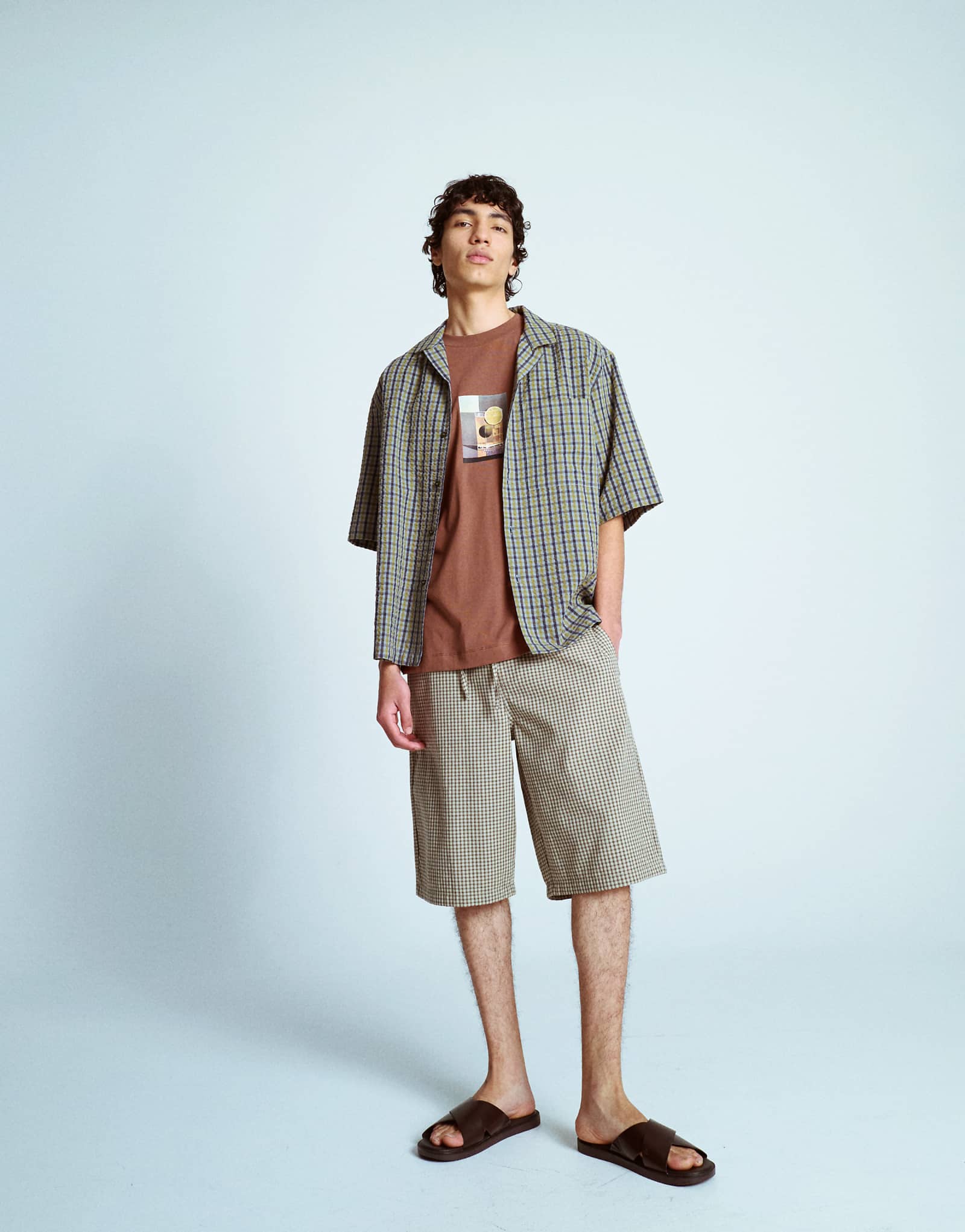 Шорты в клетку из марлевой ткани Topman jort зеленого цвета 3690₽