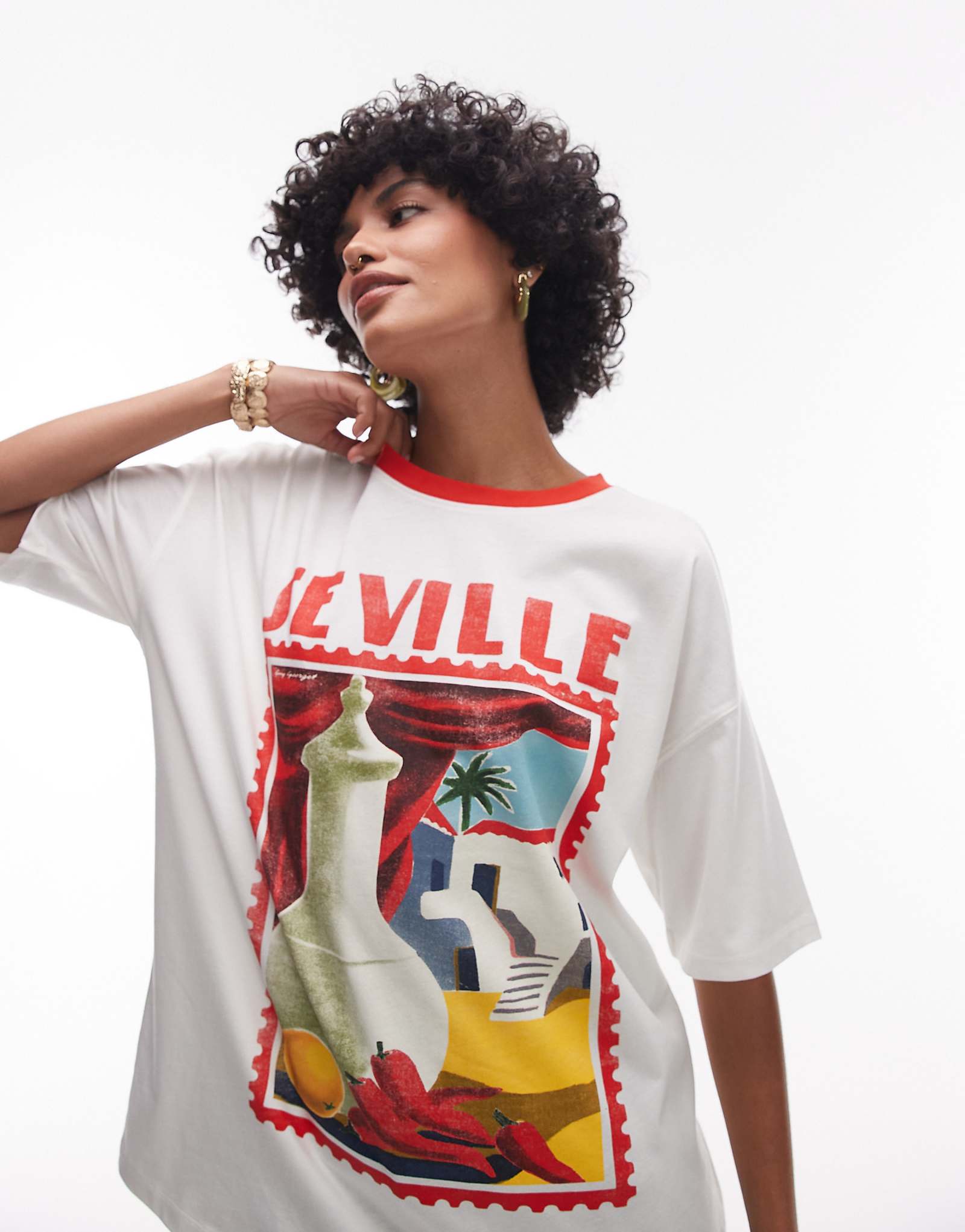 Футболка из джерси Topshop с графическим рисунком Seville с контрастным кольцом белого цвета 10190₽