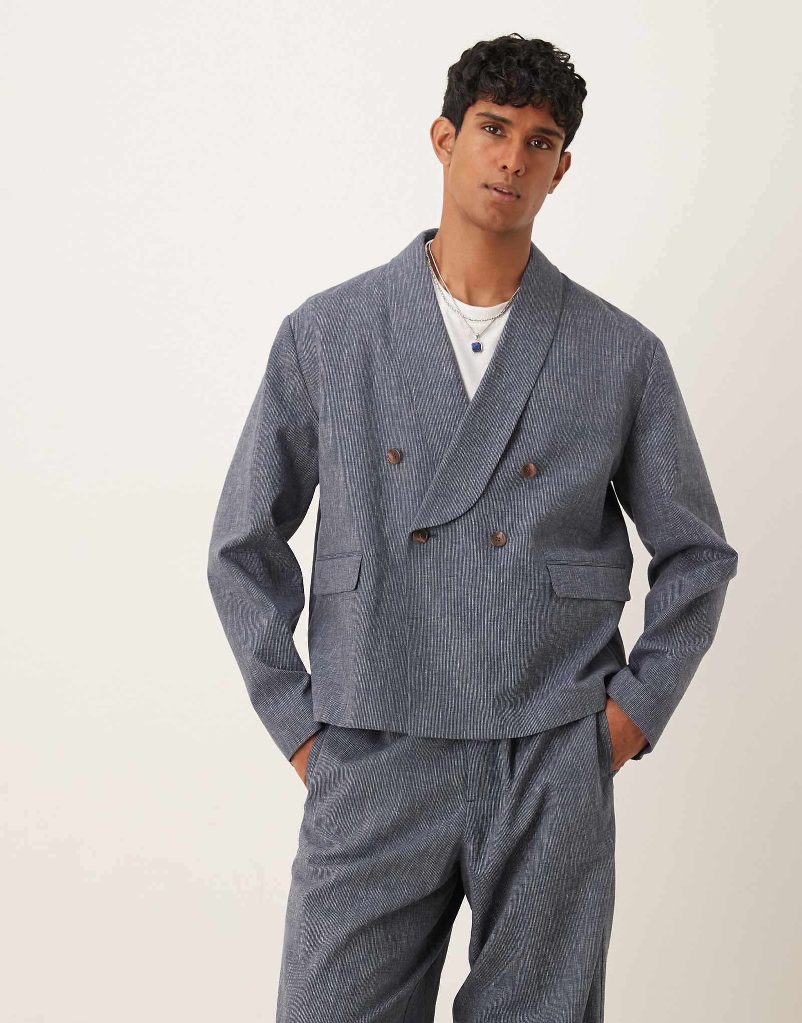 ДИЗАЙНЕРСКИЙ двубортный льняной пиджак свободного кроя ASOS в синюю полоску 19390₽