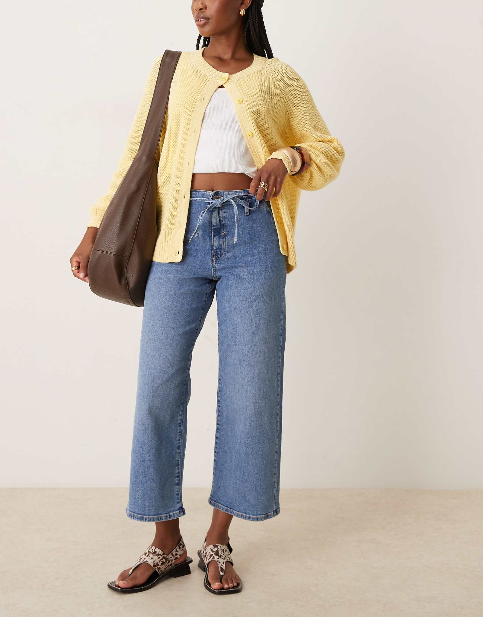 Укороченные джинсы JDY с широкими штанинами и завязками на талии темно-синего цвета