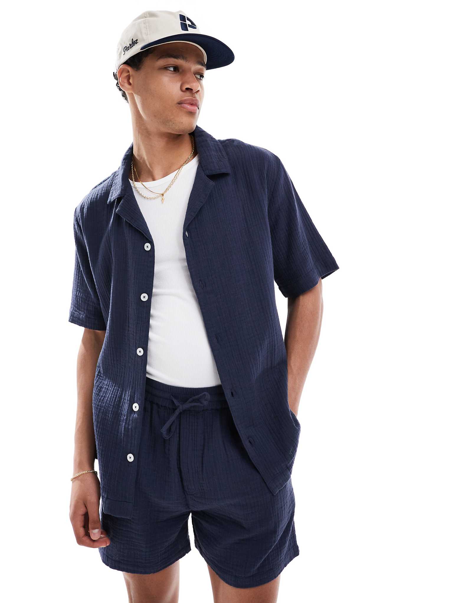 Рубашка с воротником-стойкой Goldsboro camp темно-синего цвета 8190₽