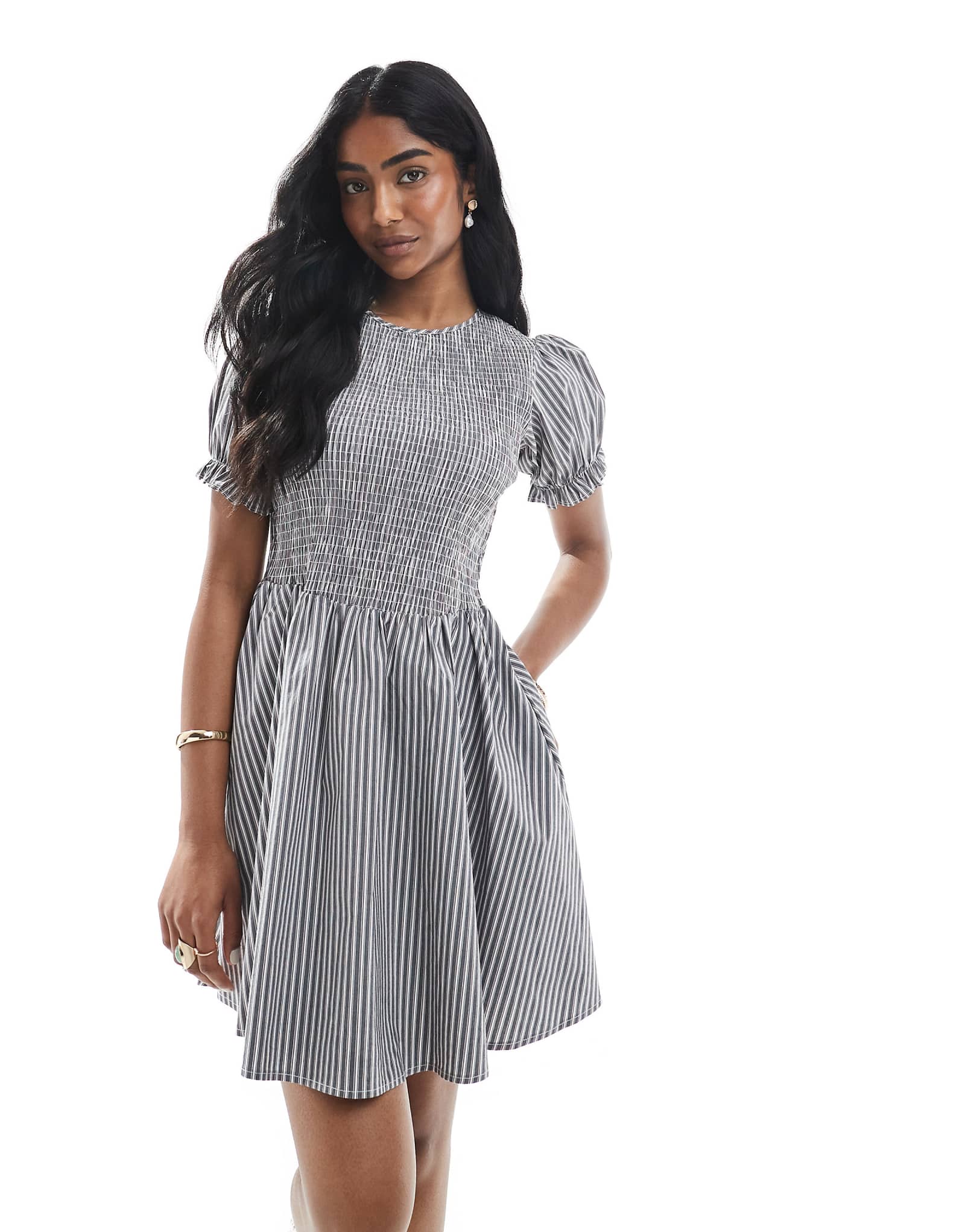 Мини-платье с гофрированным лифом и пышными рукавами Daisy Street в разноцветную полоску