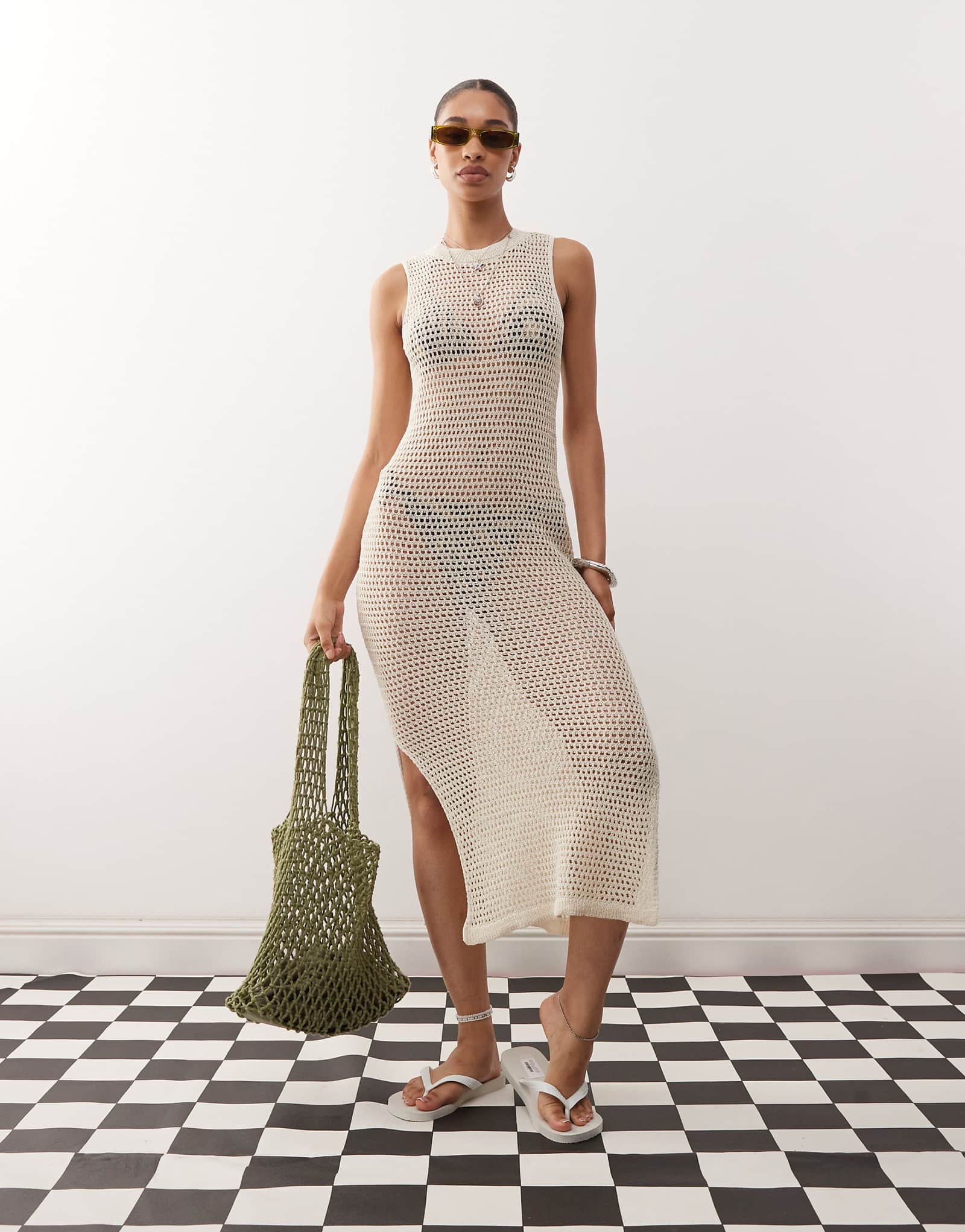 Бежевое макси-платье без рукавов Noisy May, связанное крючком