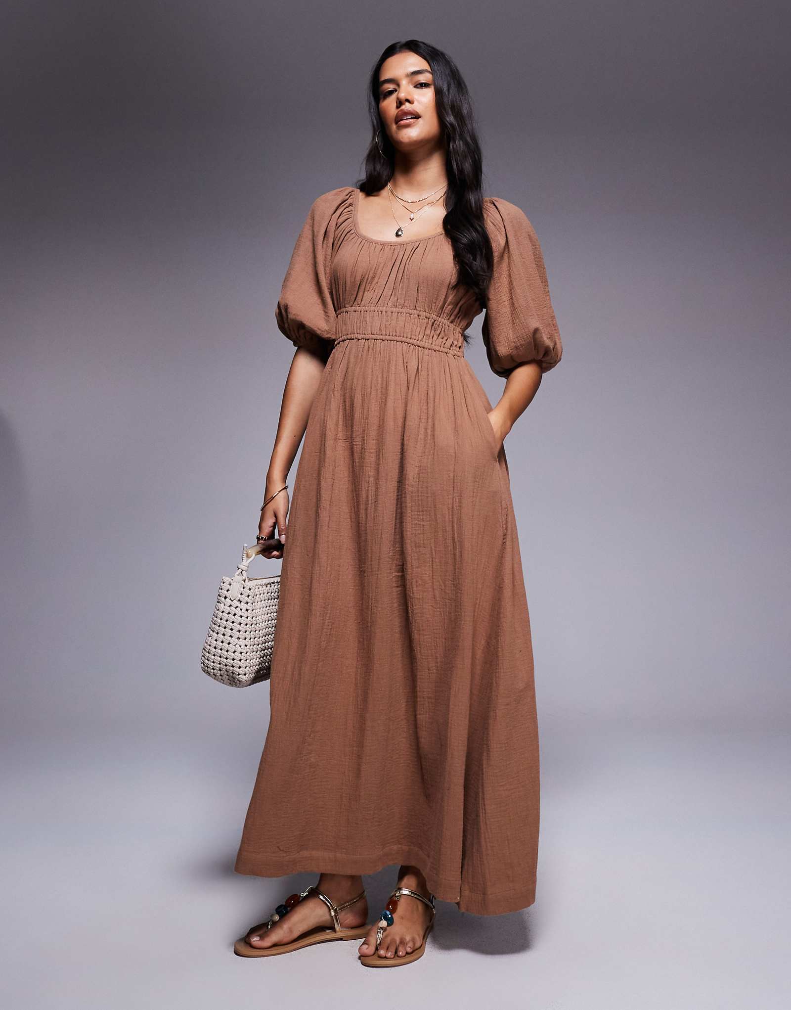 Льняное миди-платье с пышными рукавами River Island в стиле stone 15290₽