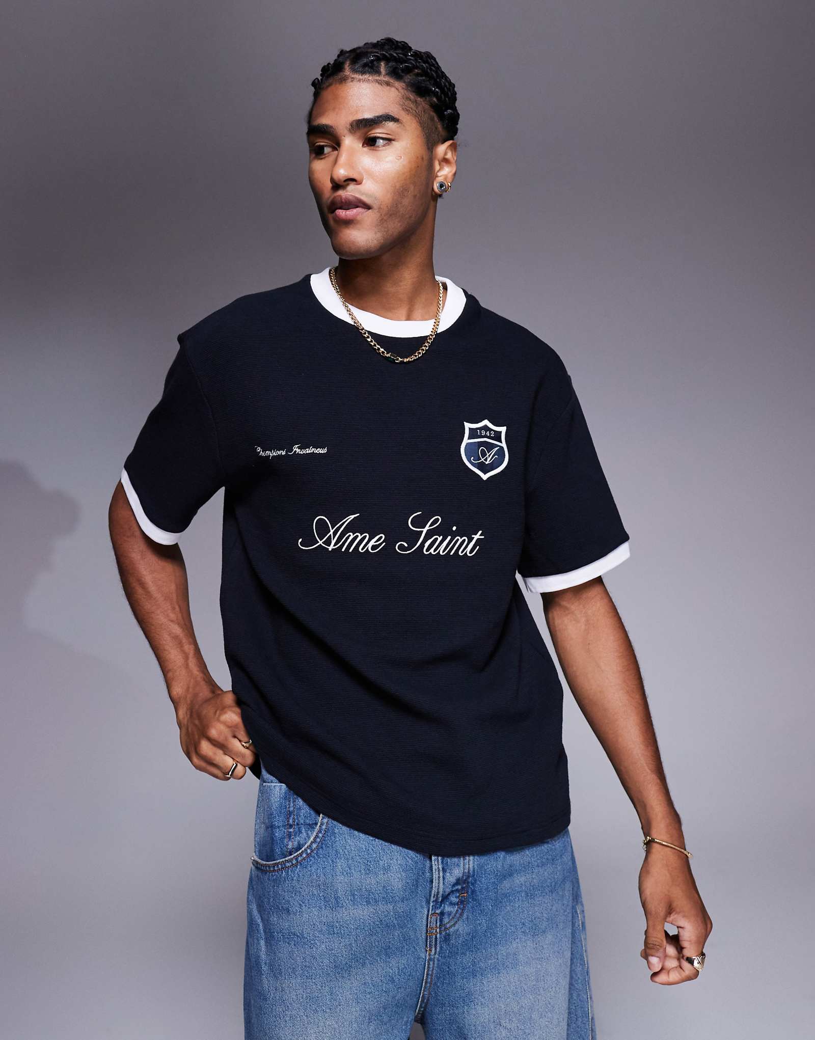 Темно-синяя футболка с надписью River Island soccer ringer 12290₽