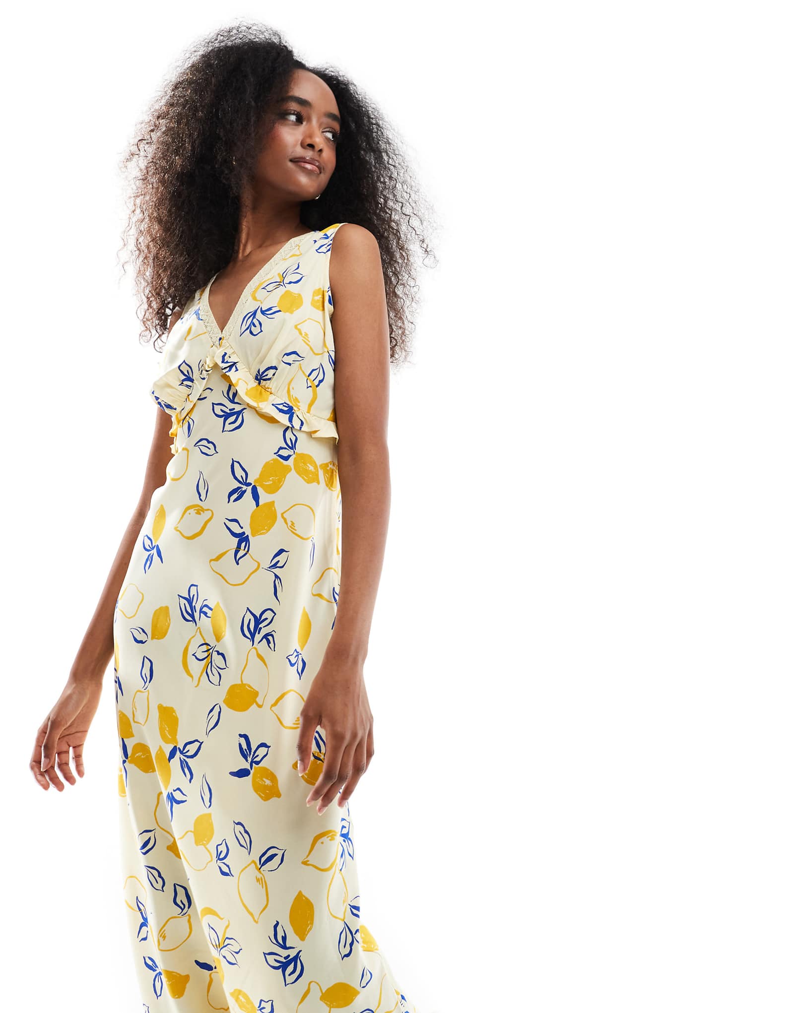 Желтое платье мидакси с глубоким вырезом спереди и лимонным принтом для девочек в среду