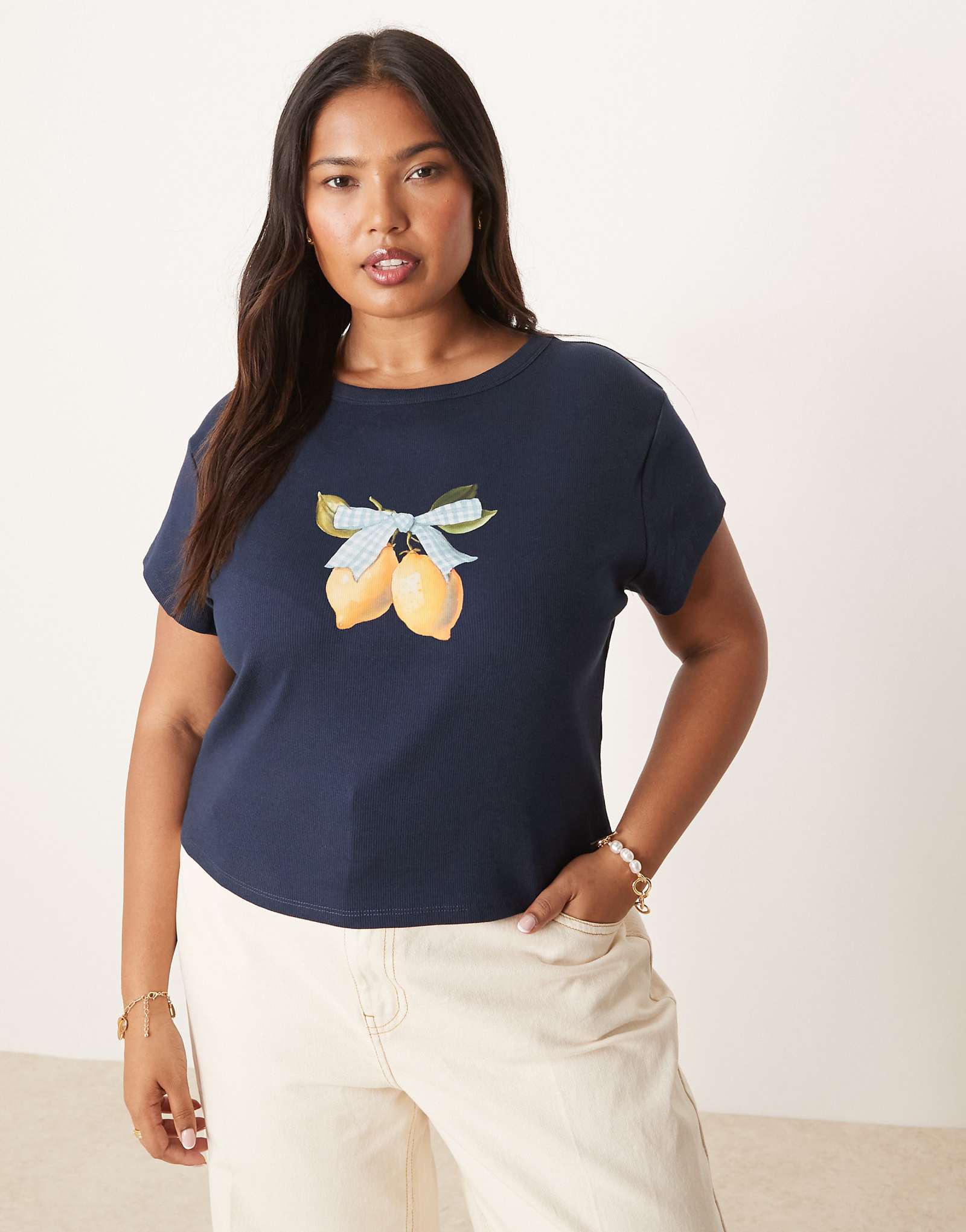 Детская футболка ASOS DESIGN Curve с рисунком лимона в клеточку темно-синего цвета 3690₽