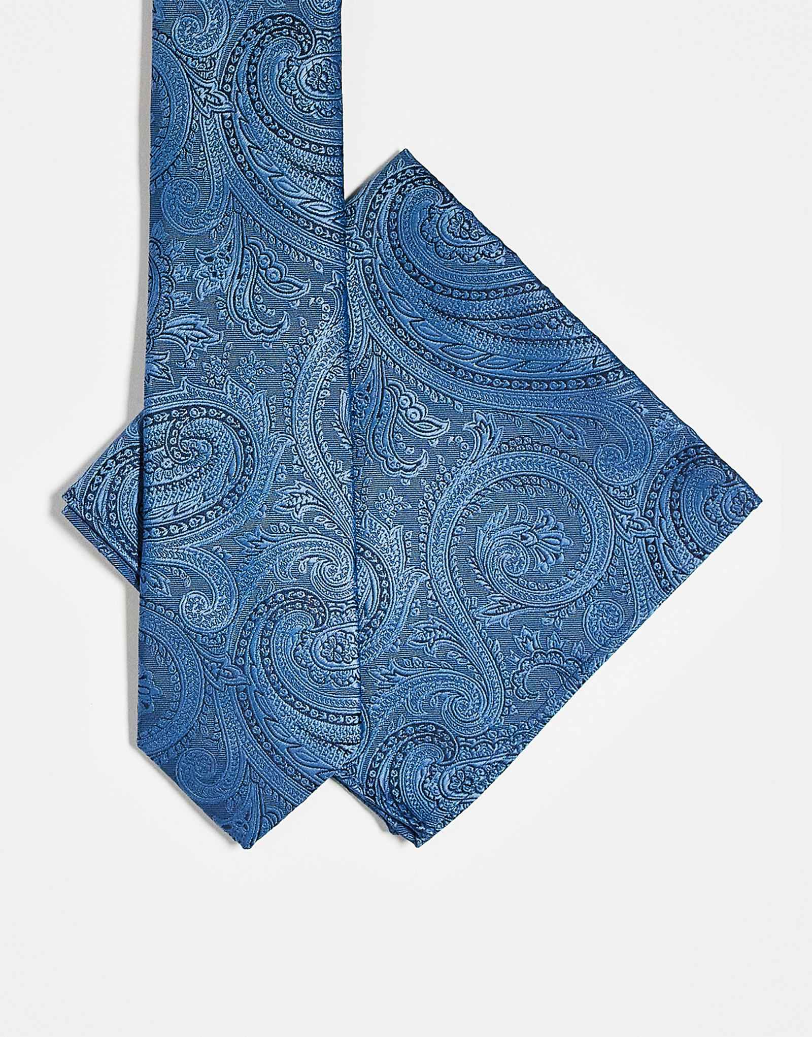 Галстук и нагрудный платок ASOS DESIGN с принтом пейсли синего цвета 3890₽