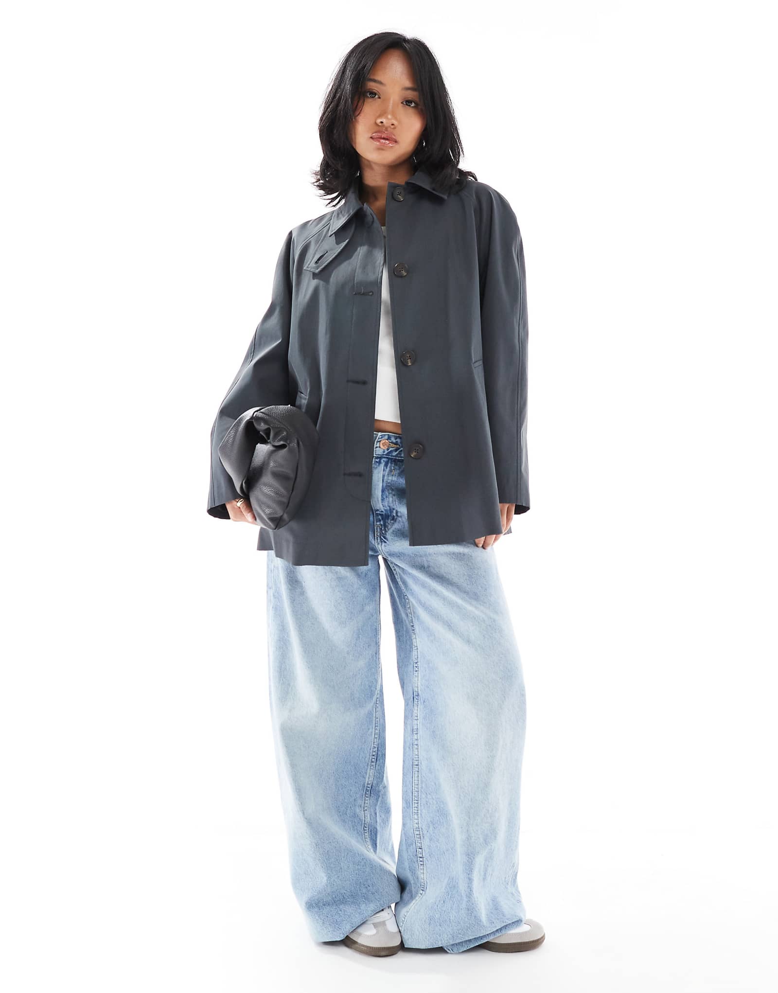 Пальто-тренчкот ASOS DESIGN Petite темно-синего цвета 17390₽