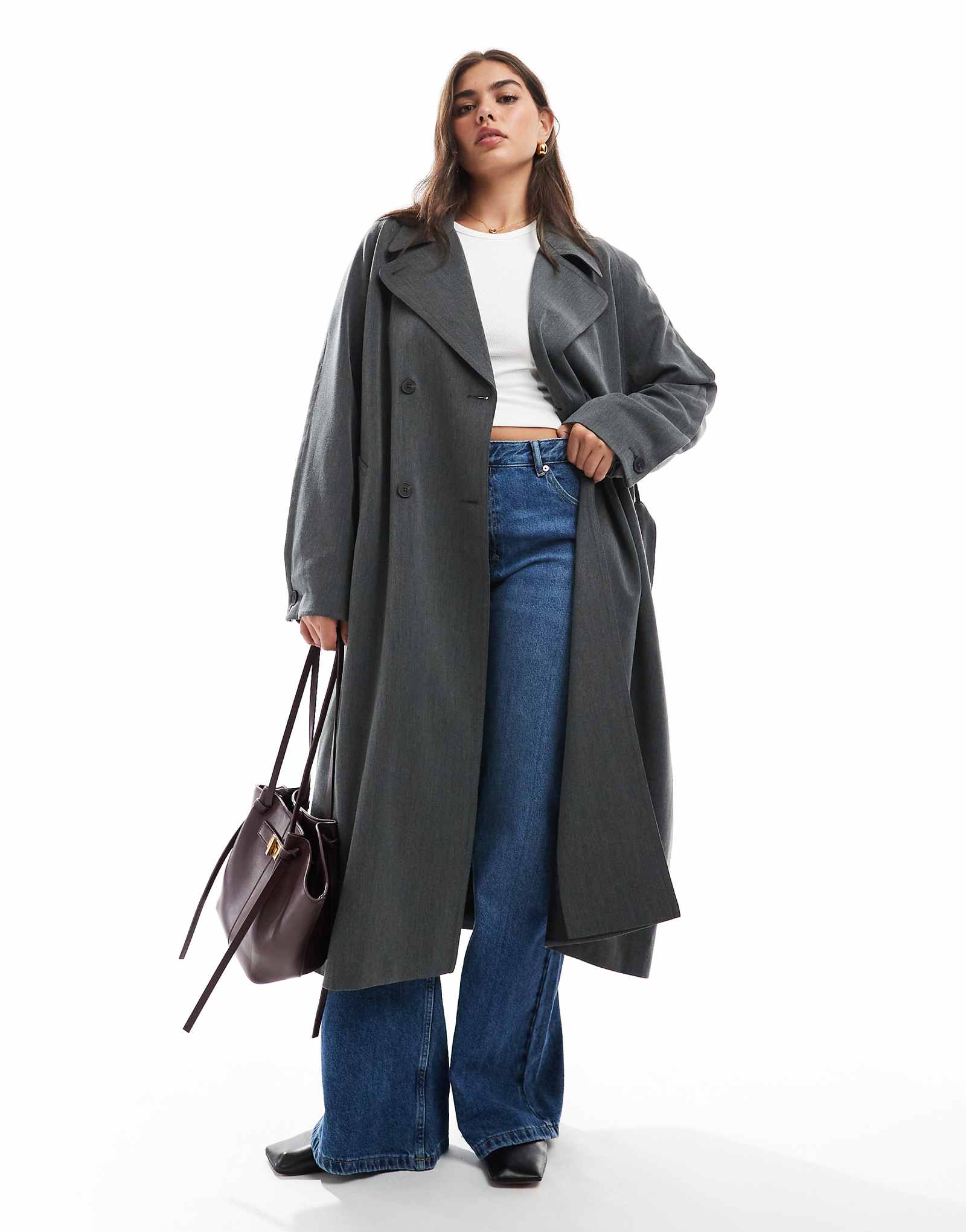 Мягкий приталенный тренч ASOS DESIGN Curve темно-серого цвета 22290₽