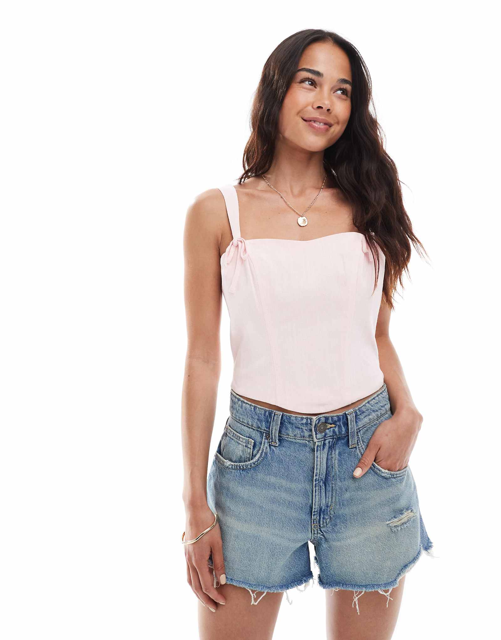 Корсетный топ Miss Selfridge из льняной смеси с бантом светло-розового цвета 2890₽