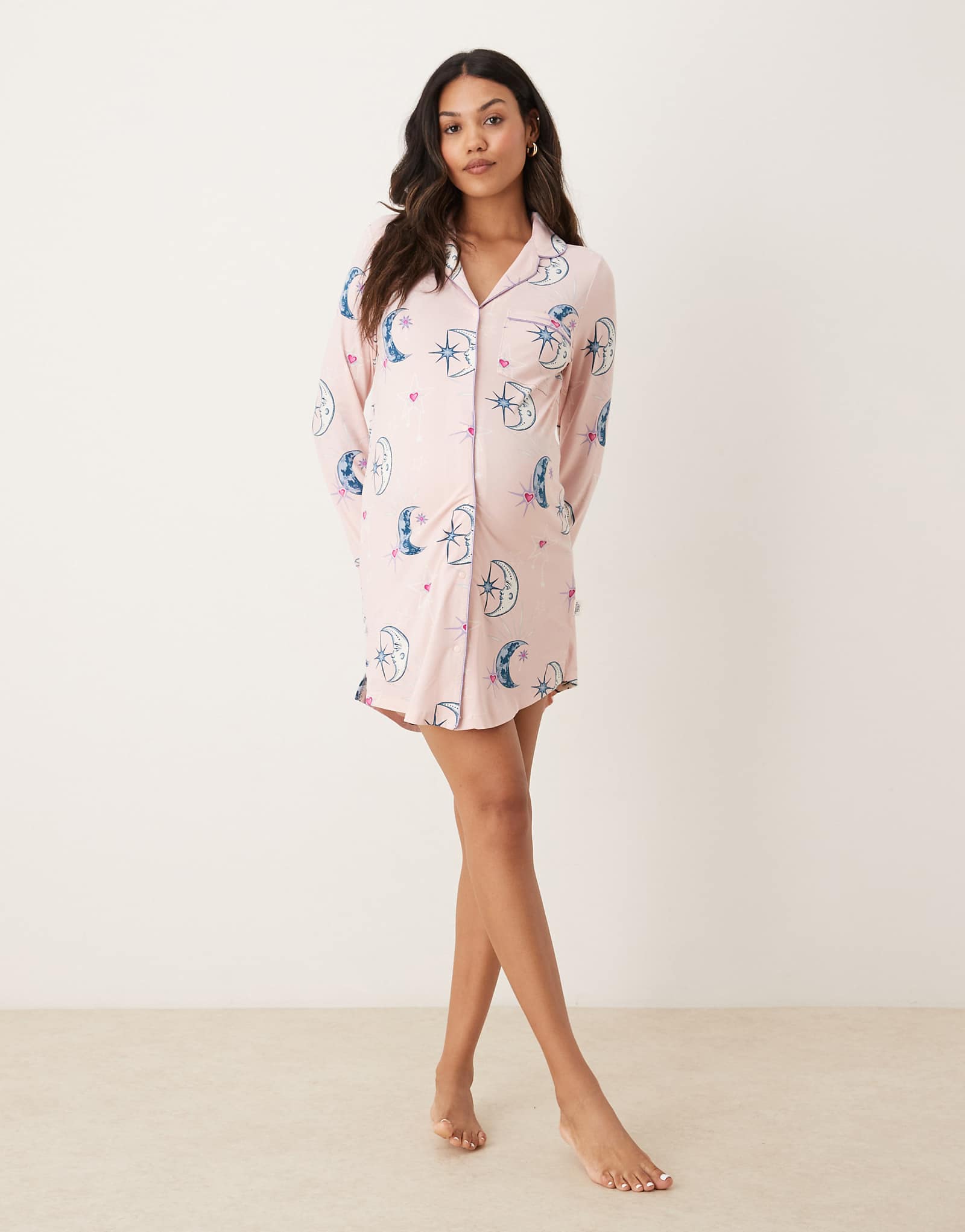 Ночная рубашка для беременных Chelsea Peers с длинным рукавом розового цвета и принтом 