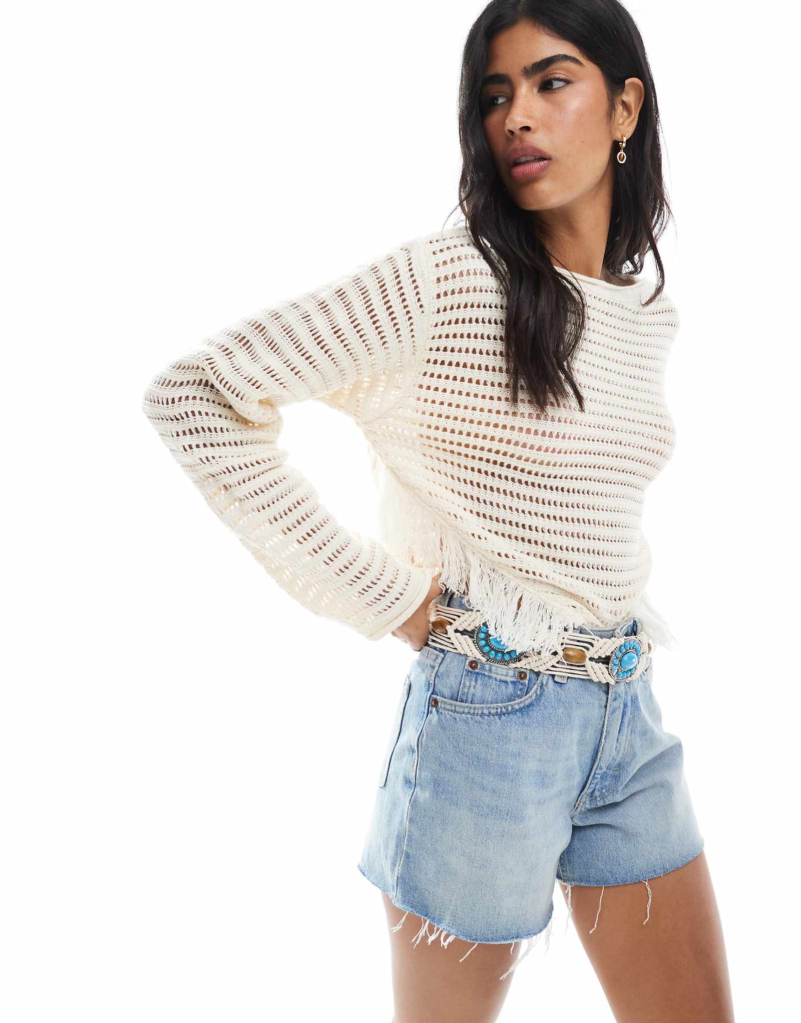 Мисс Селфридж вязаный крючком свитер в стиле бохо с кисточками на подоле кремового цвета 10790₽