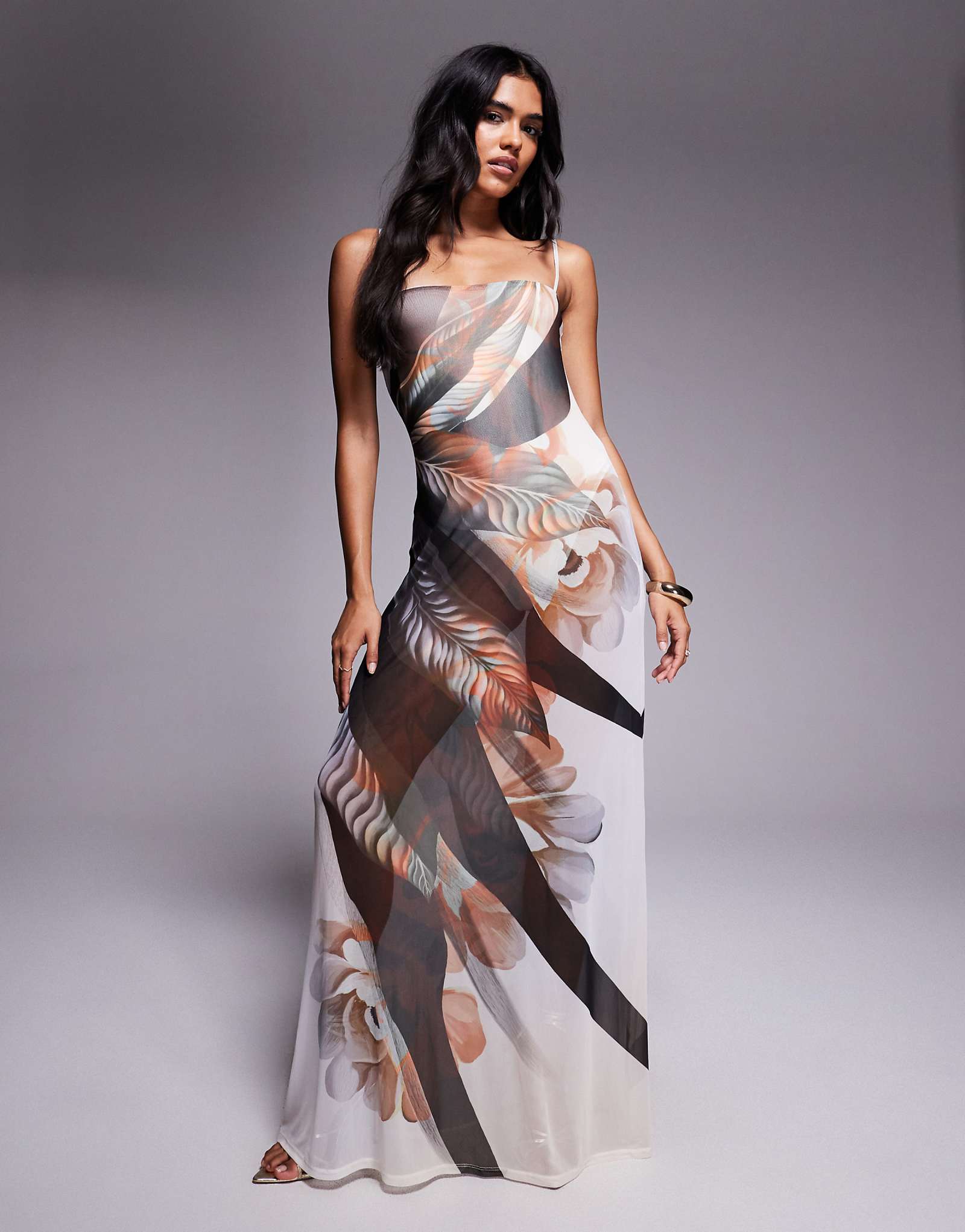 Макси-платье-боди из сетчатой ткани AFRM Shea с коричневым принтом лотоса 24890₽