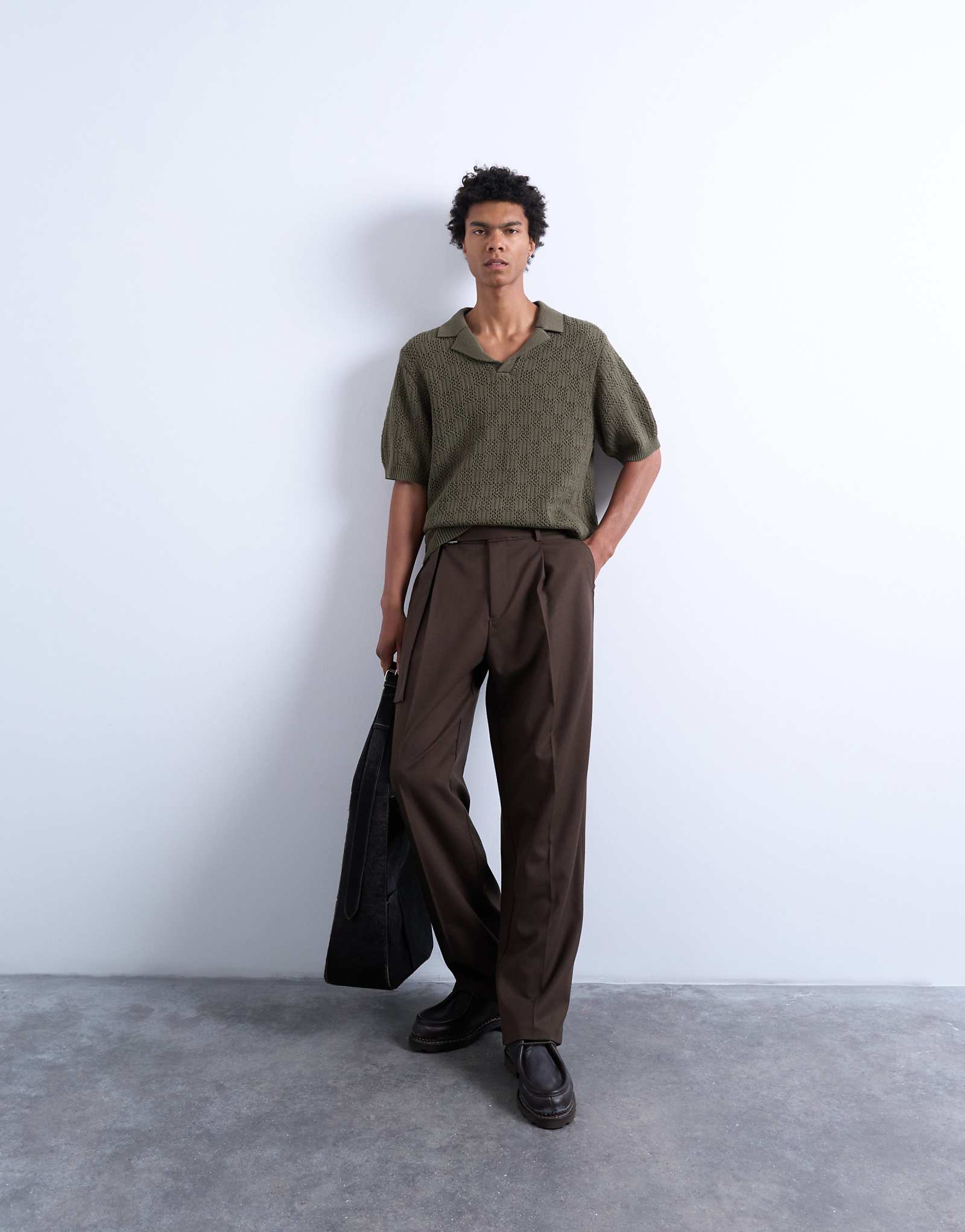 Футболка-поло Topman вязаная крючком в шахматном порядке зеленого цвета хаки 7090₽