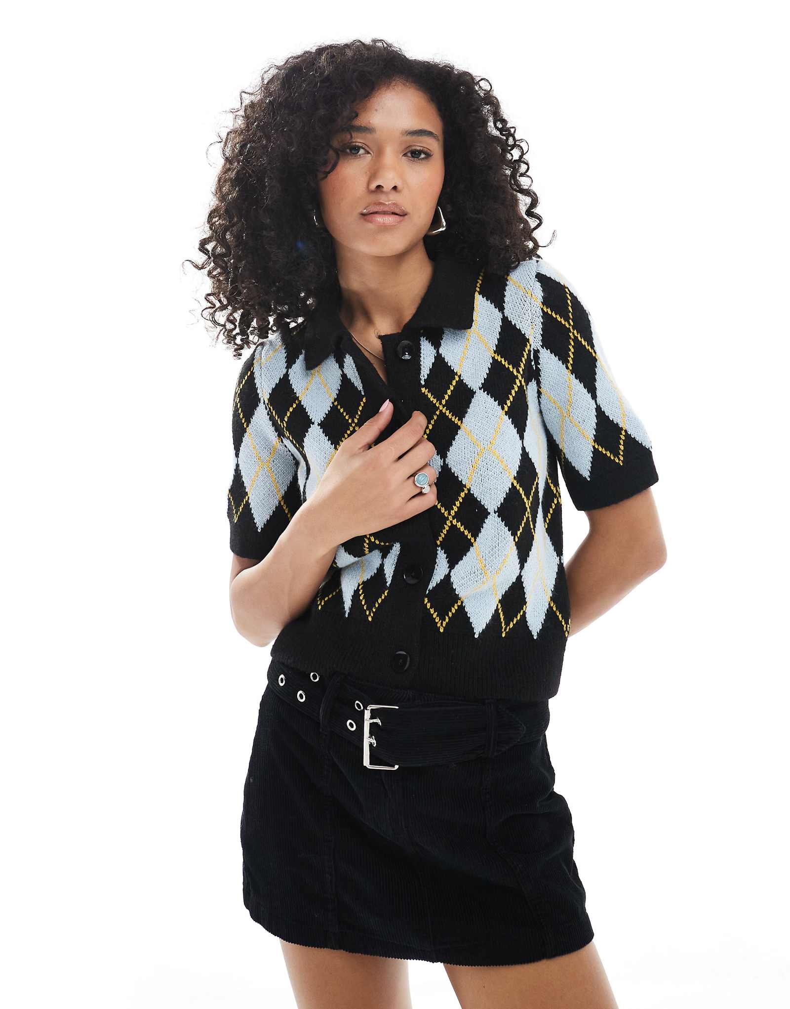 Кардиган-поло Vero Moda с коротким рукавом и круглым вырезом горловины с синим принтом в стиле аргайл