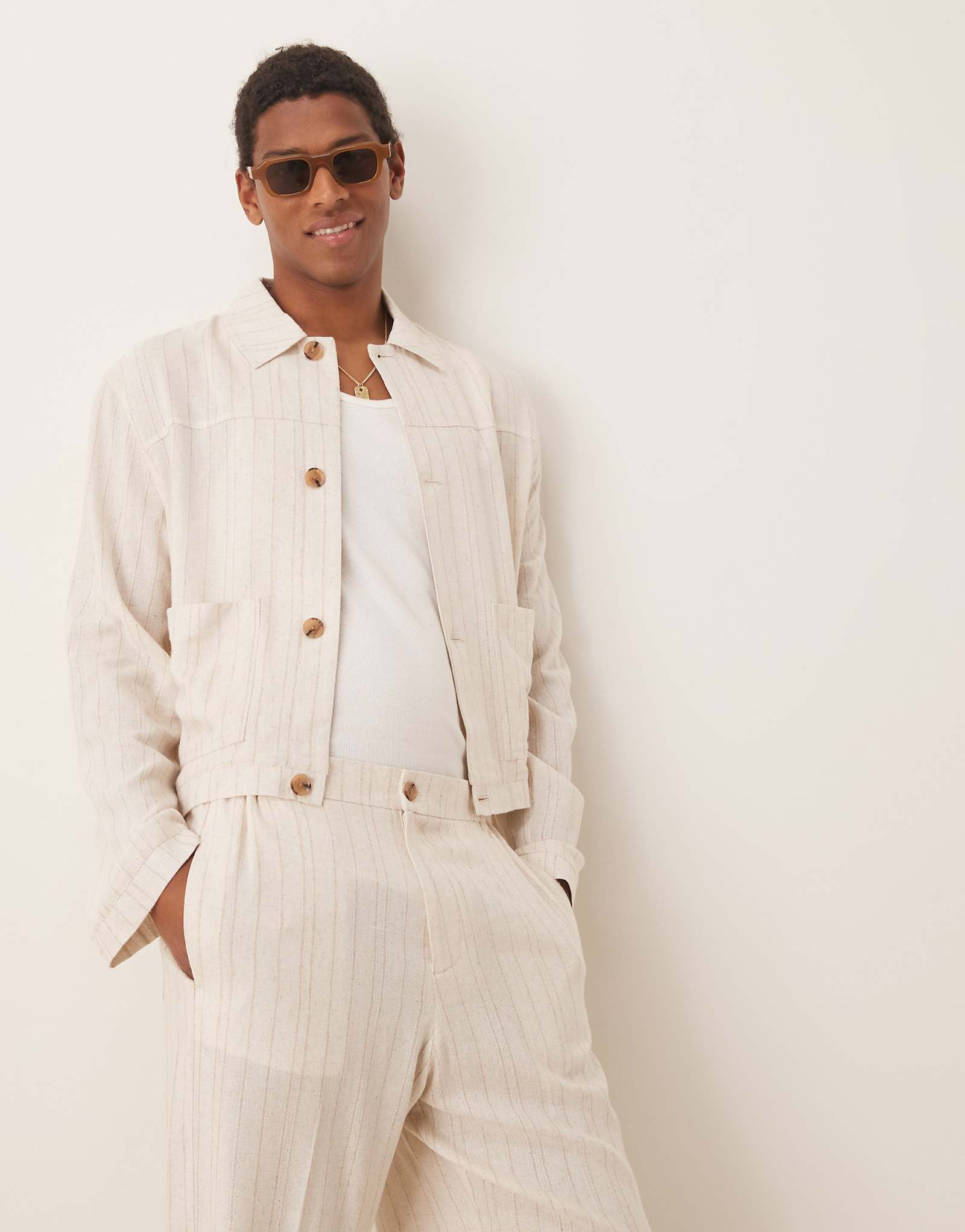 Дизайнерский нарядный жакет harrington из льняной смеси в тонкую полоску stone от ASOS - часть комплекта 14290₽