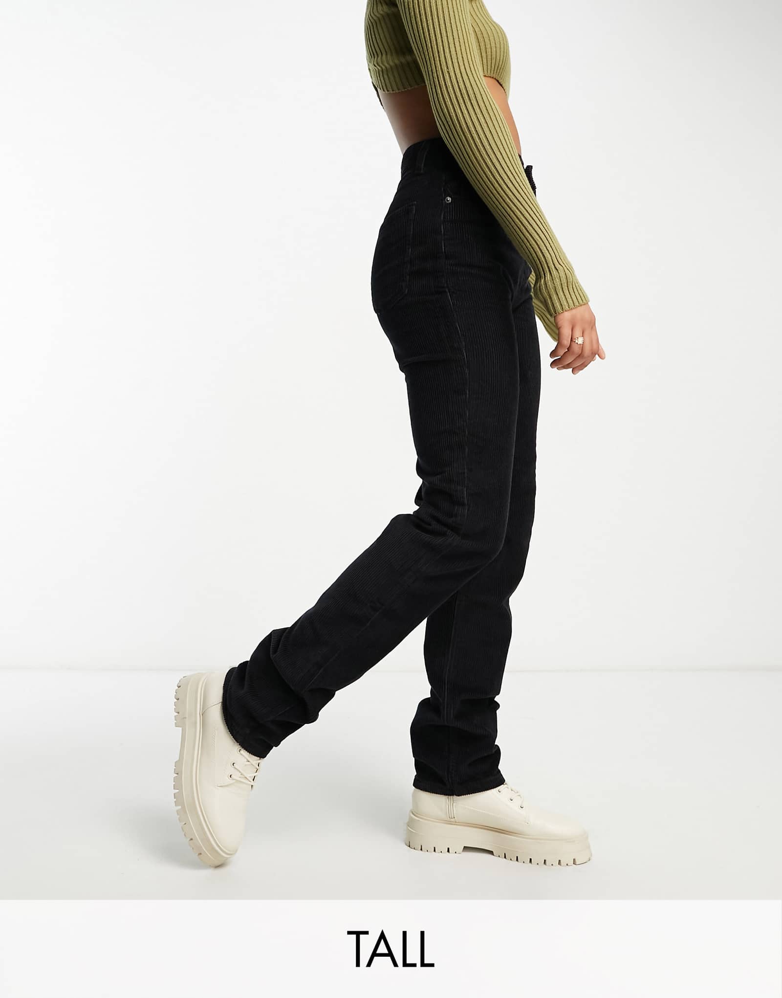 Высокие оливковые брюки DTT с прямыми штанинами из шнура черного цвета 6390₽