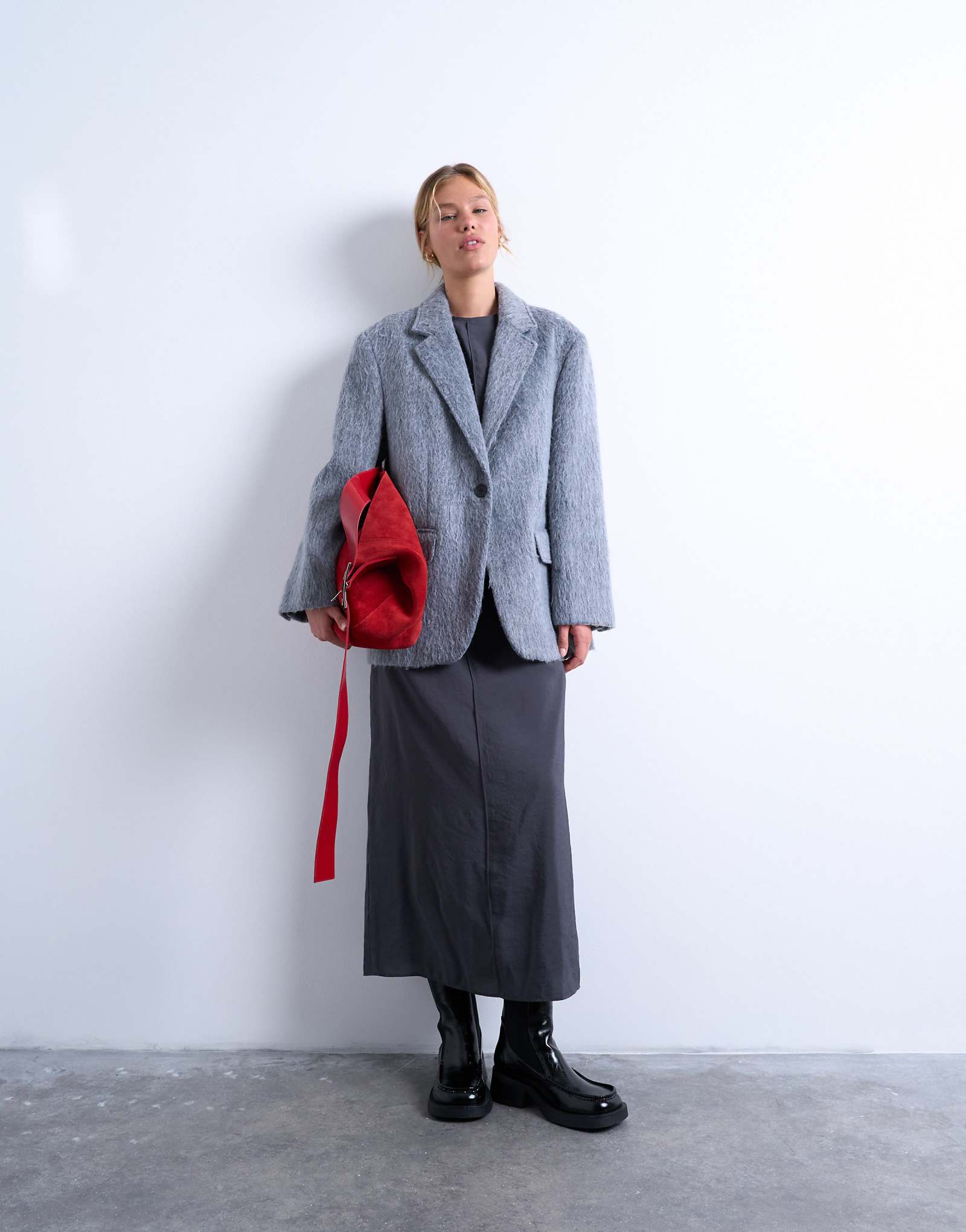 Однобортное длинное пальто-блейзер Topshop с шерстяной подкладкой в сером меланжевом оттенке 12590₽