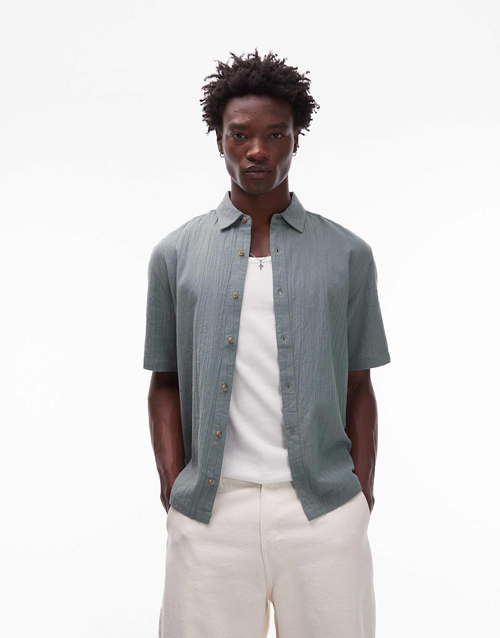 Текстурированная рубашка Topman свободного кроя с коротким рукавом цвета шалфея 12690₽