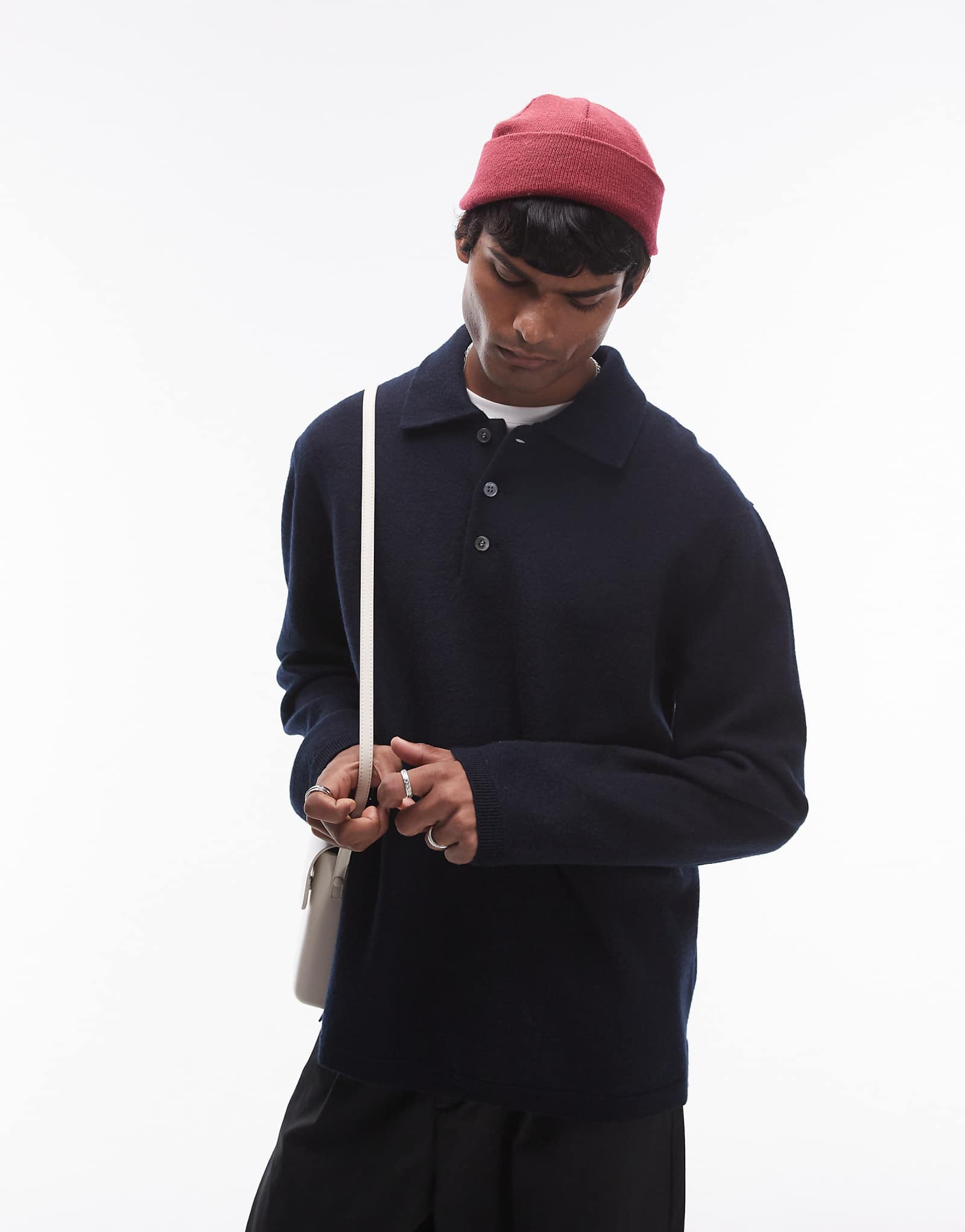 Свитер из вареной шерсти ARKET с воротником поло на пуговицах синего цвета 26190₽