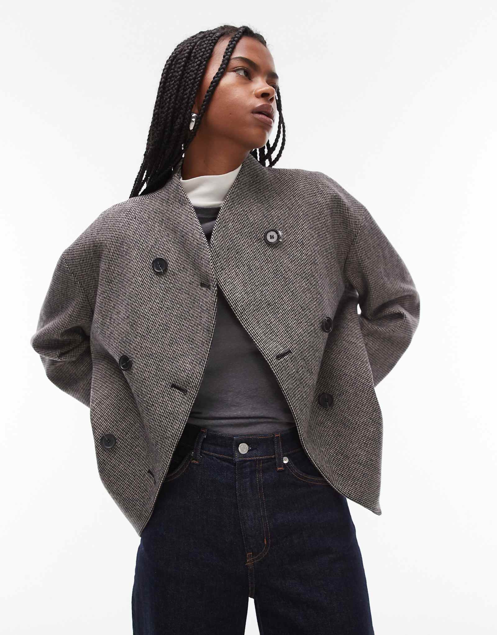 Жакет из полушерстяной ткани ARKET с высоким воротником-шалью в однотонную клетку 45490₽