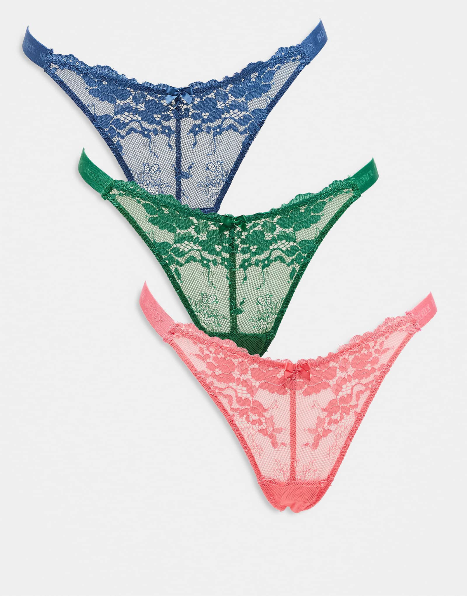 Boux Avenue - 3 комплекта кружевных стрингов с высокими штанинами зеленого, синего и кораллового цветов