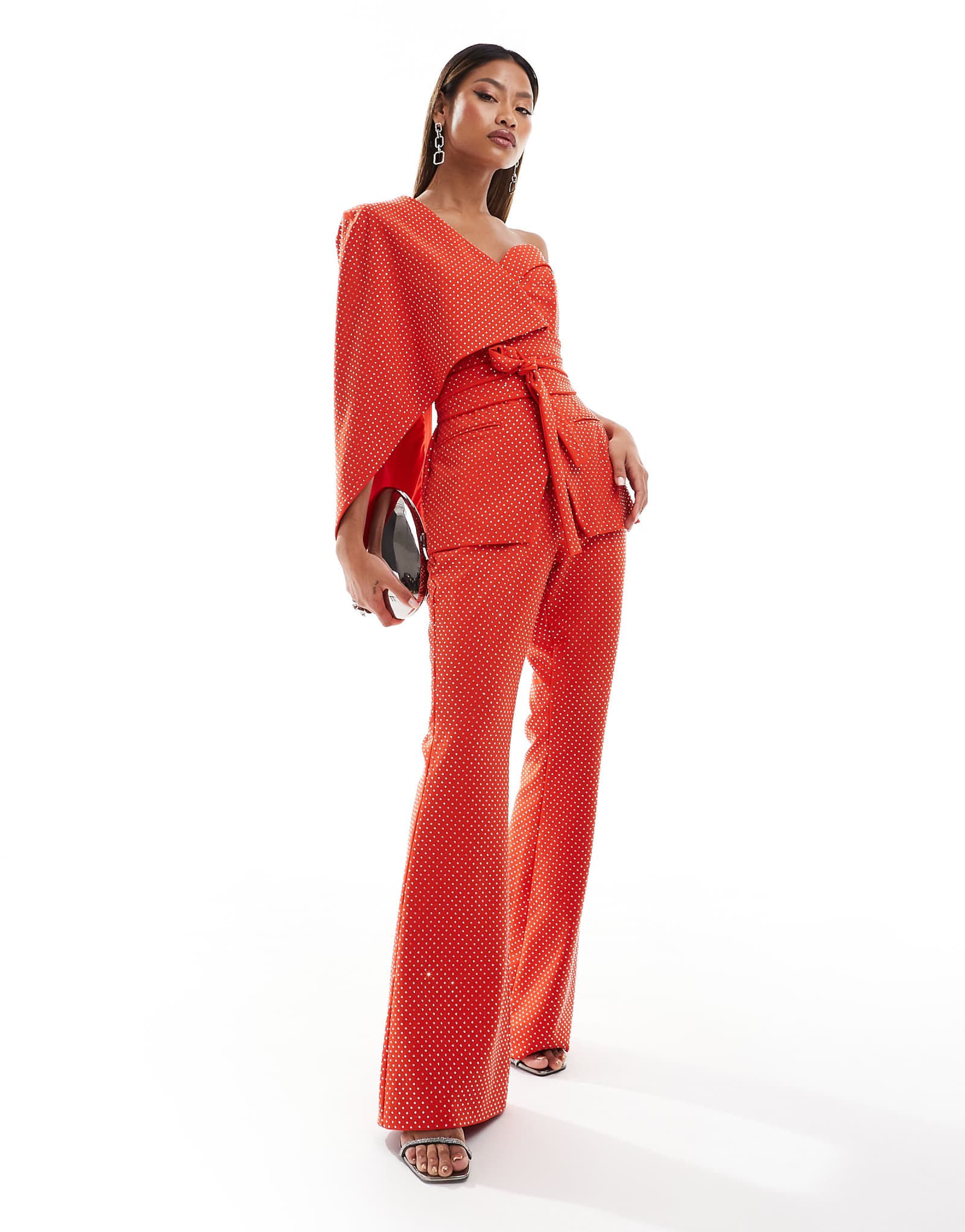 Роскошные красные брюки-клеш в обтяжку с украшением из кристаллов Alice красного цвета