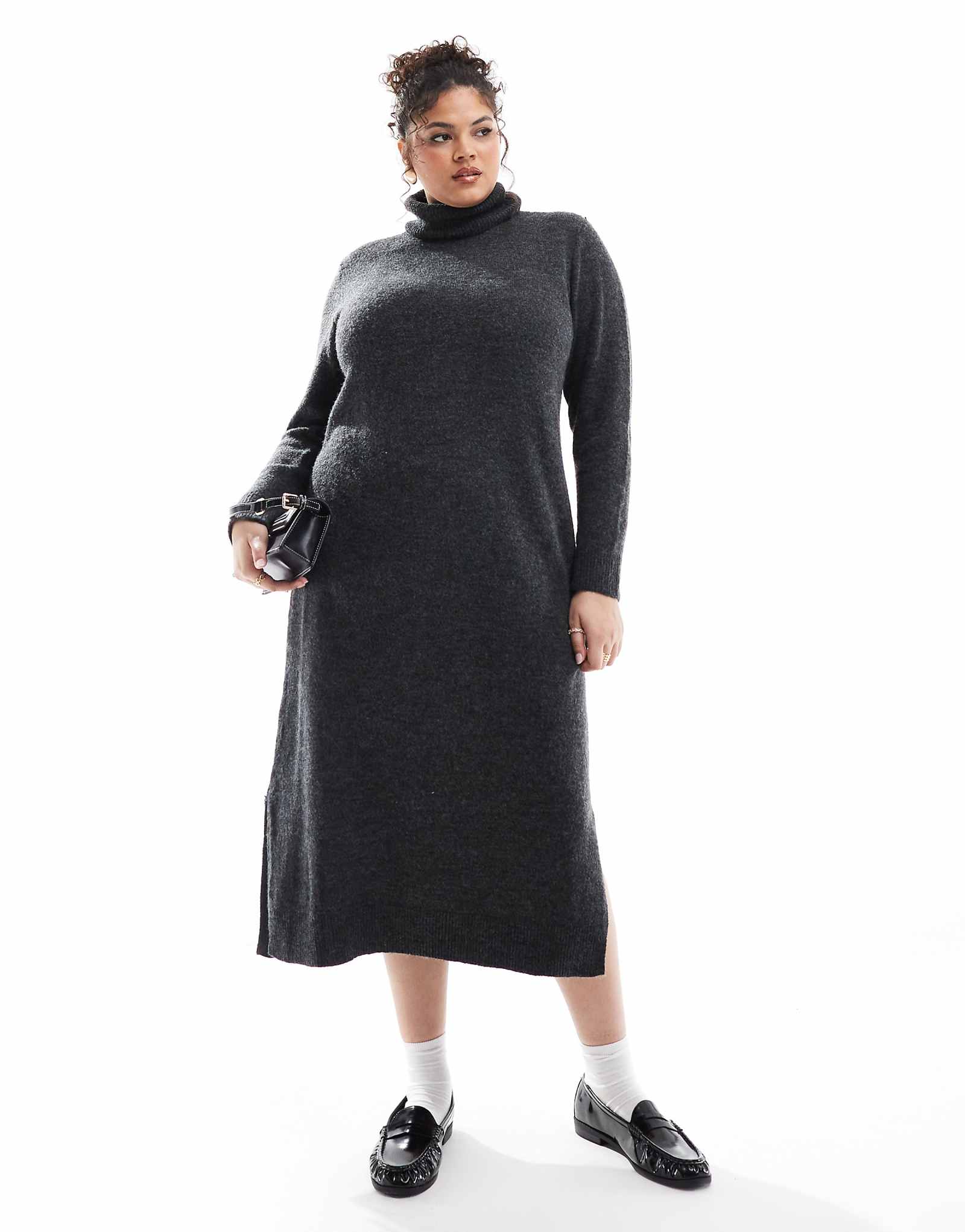 Макси-платье-свитер с округлым вырезом горловины из темно-серого меланжа