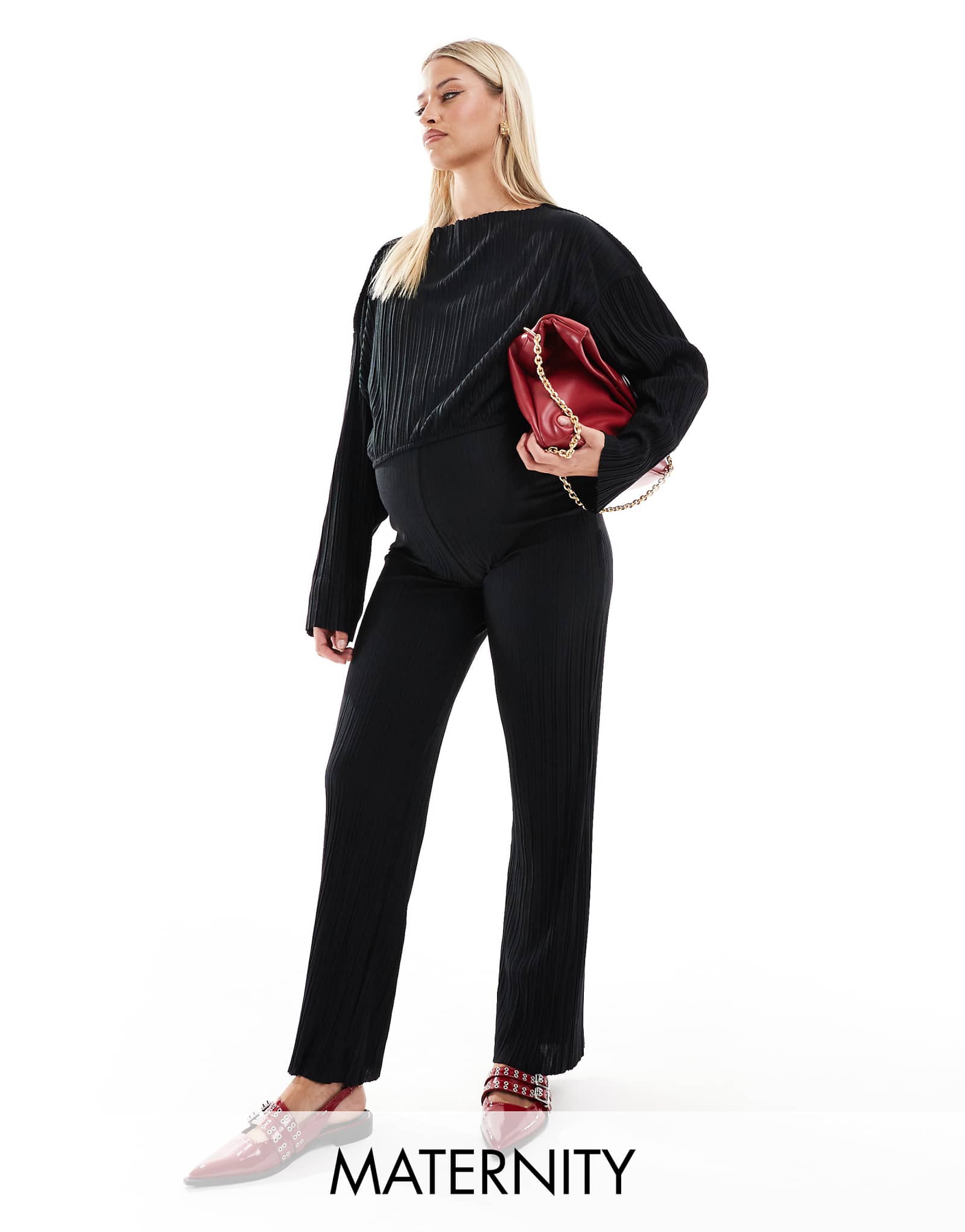 Широкие брюки-плиссе для беременных Mamalicious черного цвета - часть комплекта 6090₽