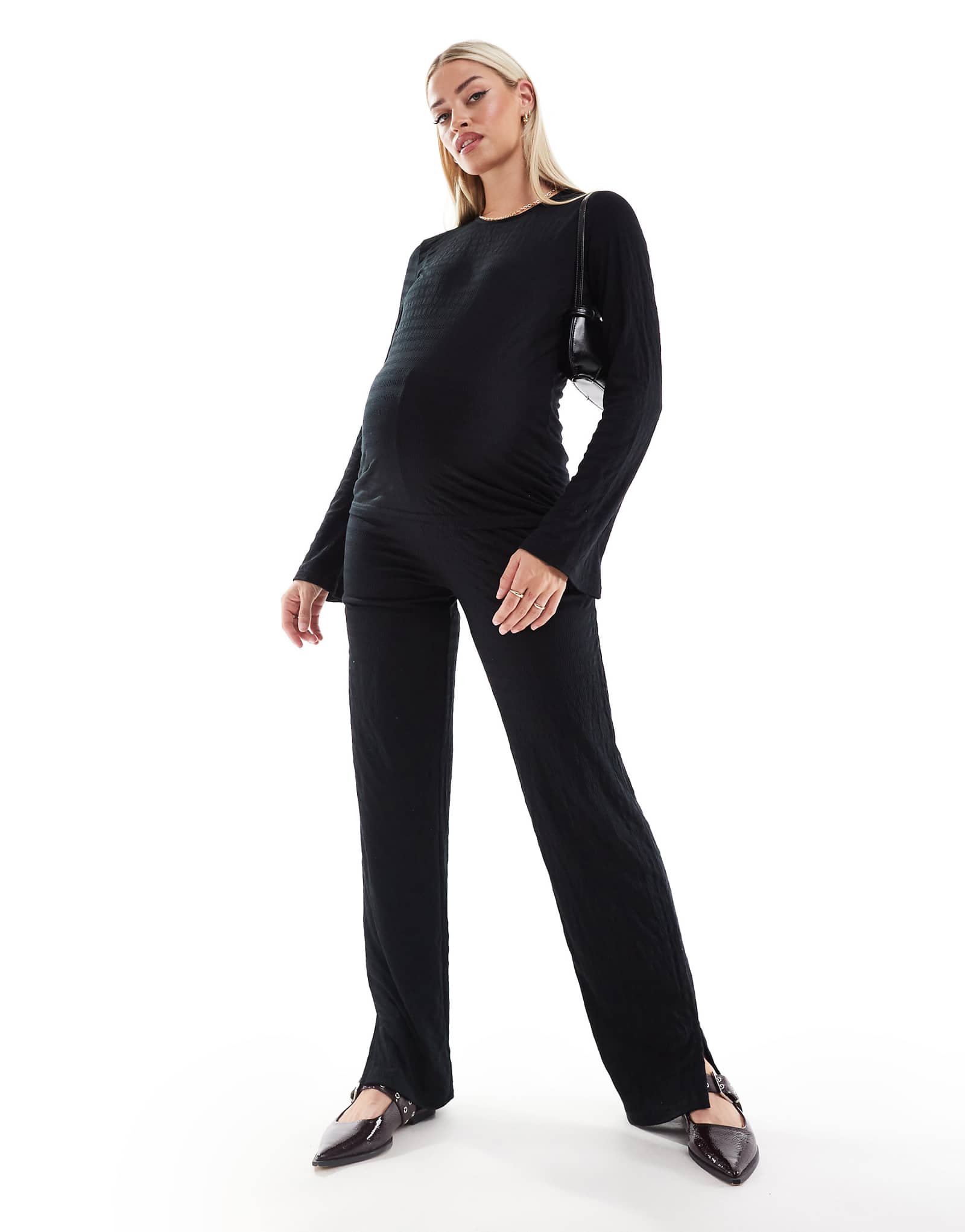 Текстурированные прямые брюки для беременных Mamalicious черного цвета - часть комплекта