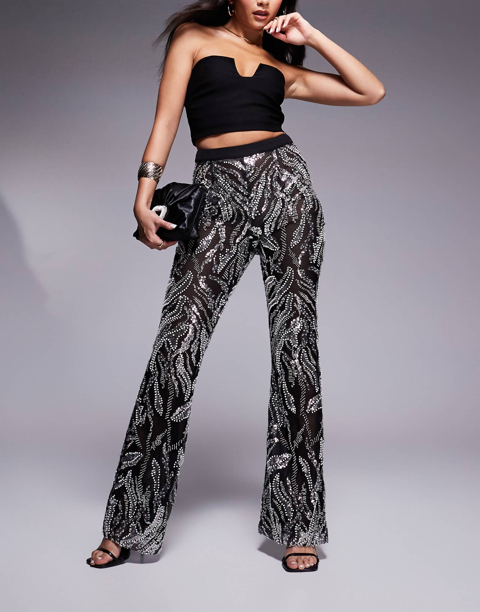 Роскошные черные брюки-клеш с прозрачными вставками и украшениями Alice черного цвета