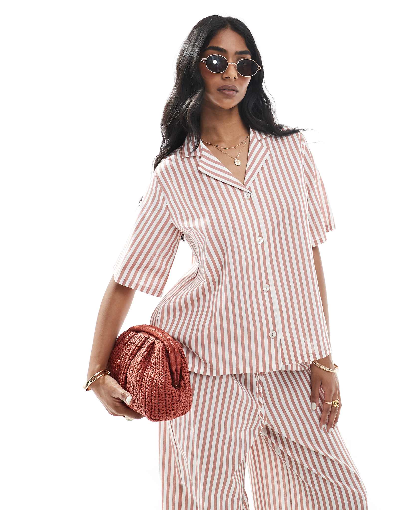 Льняная рубашка в коричневую полоску на пуговицах Wednesday's Girl - часть комплекта