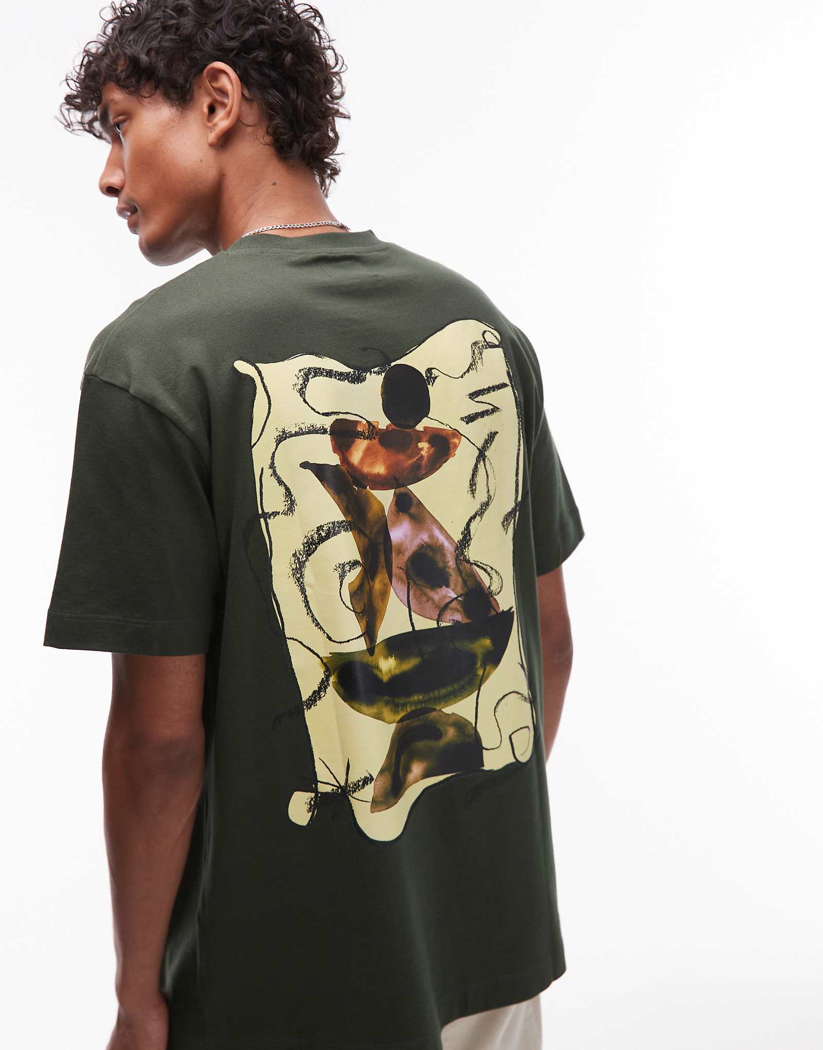 Футболка Topman oversize fit с темно-зеленым принтом в виде акварельных фигур спереди и сзади 8190₽
