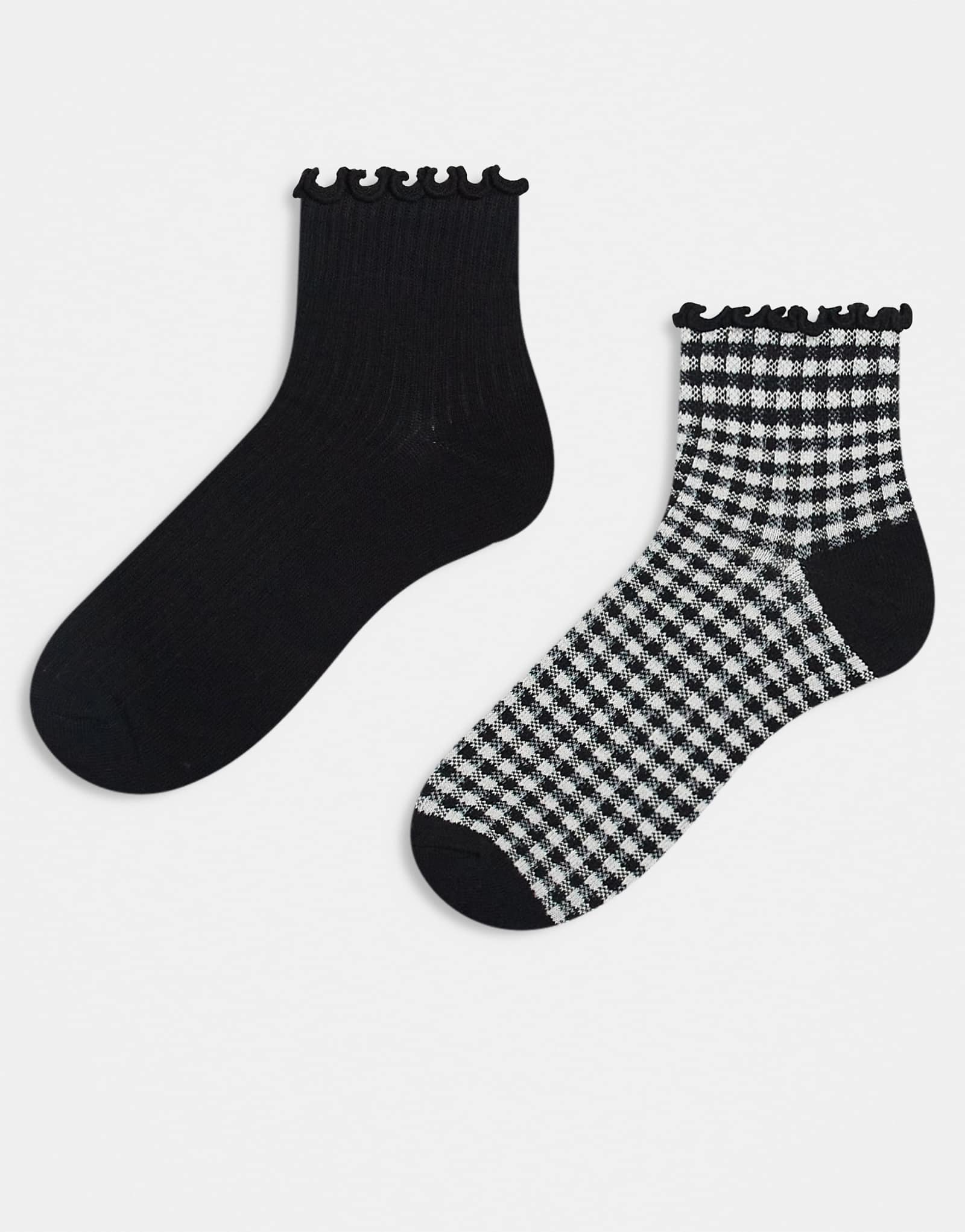 Носки по щиколотку из хлопка с отделкой жабо в рубчик черного и клетчатого цветов 2 упаковки 2490₽