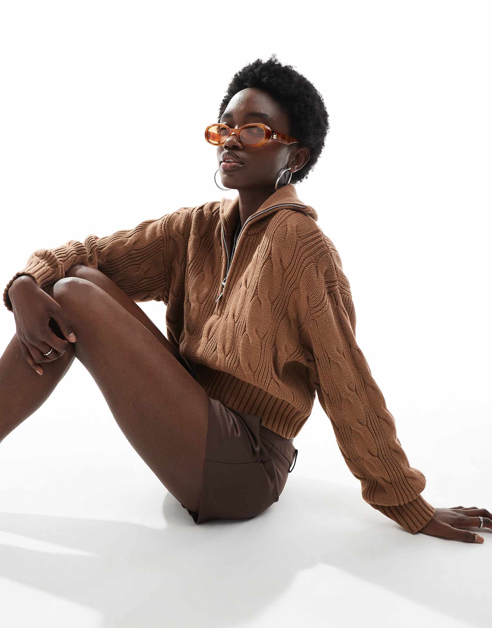 Кардиган-пуловер наполовину на молнии из хлопка на хлопчатобумажном шнурке орехового цвета