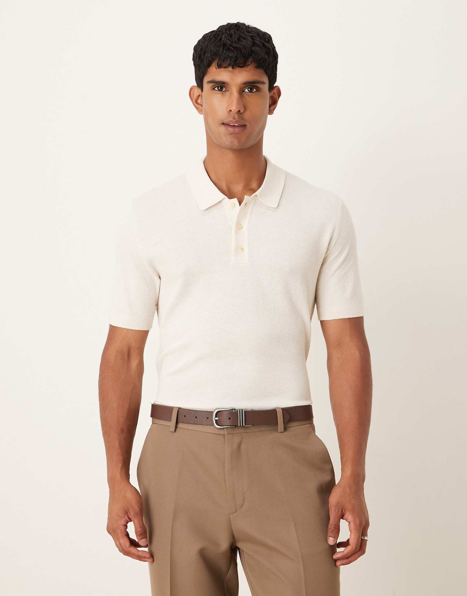 Рубашка поло из тонкого трикотажа с коротким рукавом из смеси хлопка Mango кремового цвета 10190₽