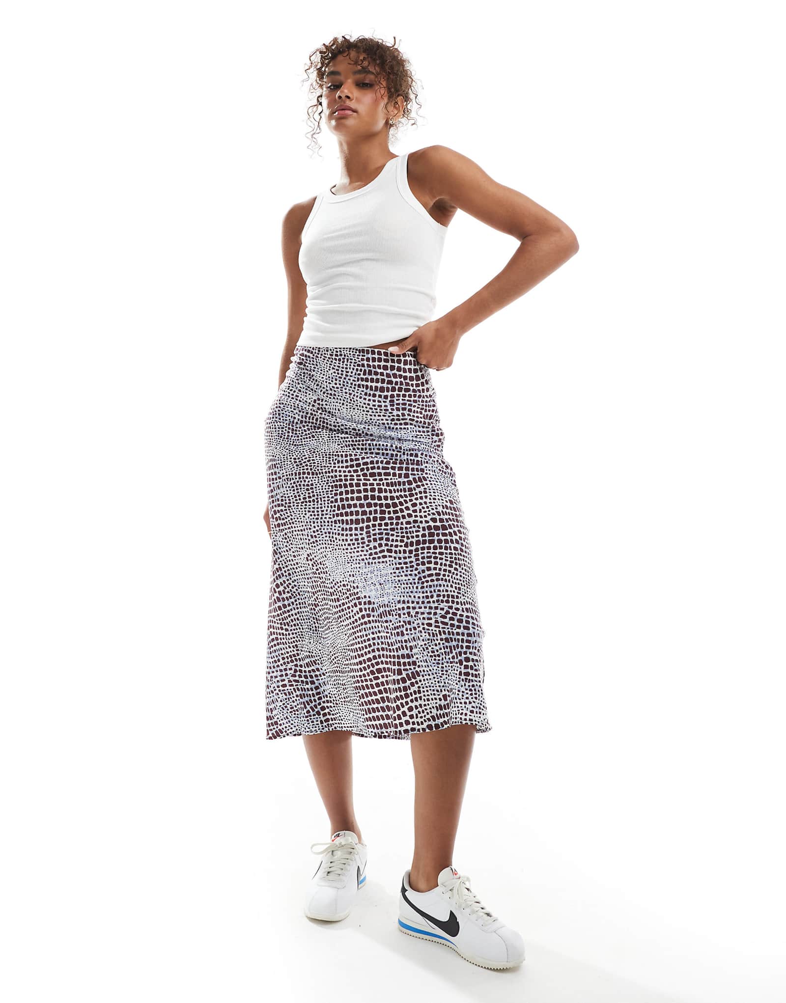 Юбка мидакси с косым вырезом и змеиным принтом для девочек в среду светло-голубого цвета