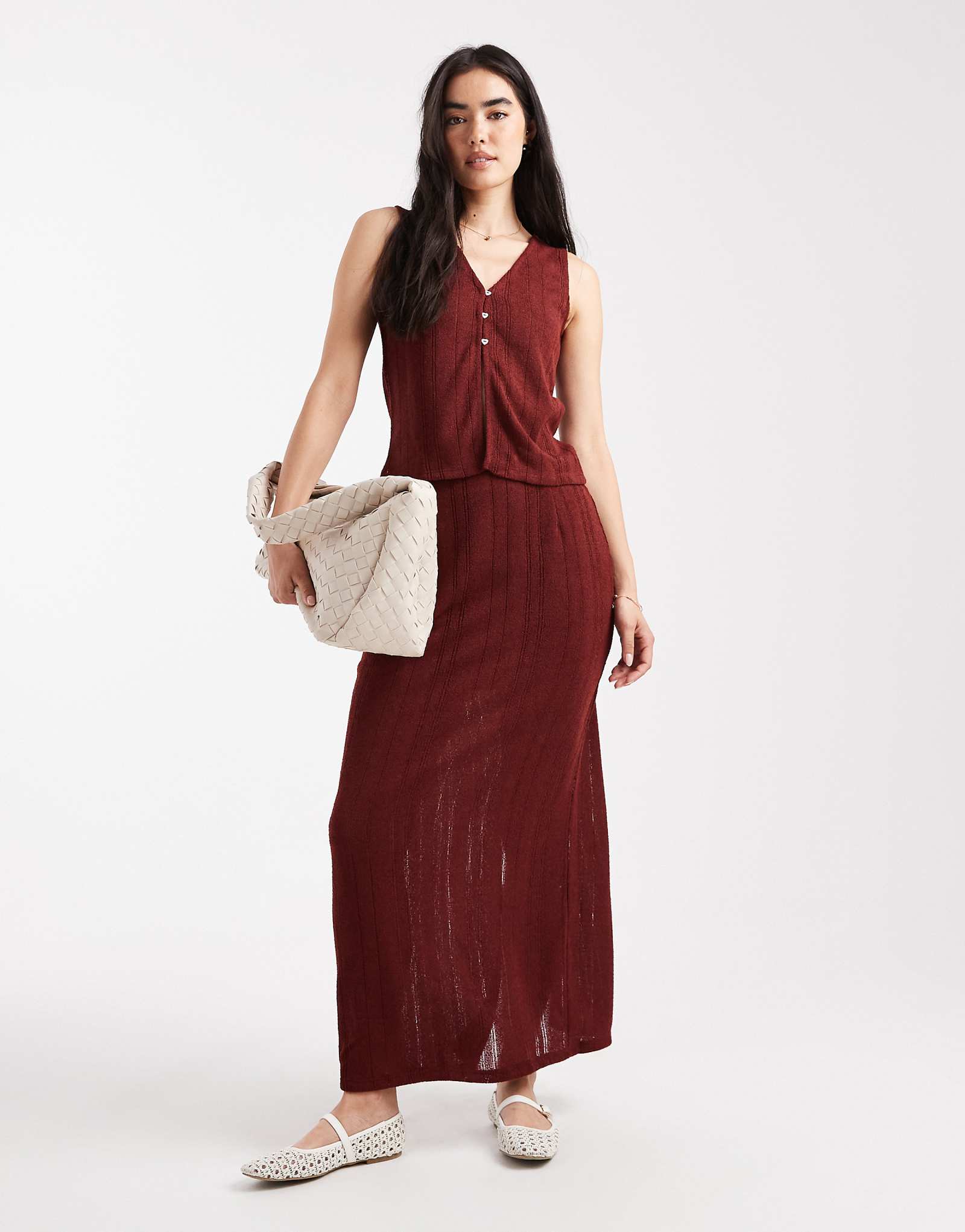 Трикотажная юбка в полоску Vero Moda бордового цвета - часть комплекта 4690₽