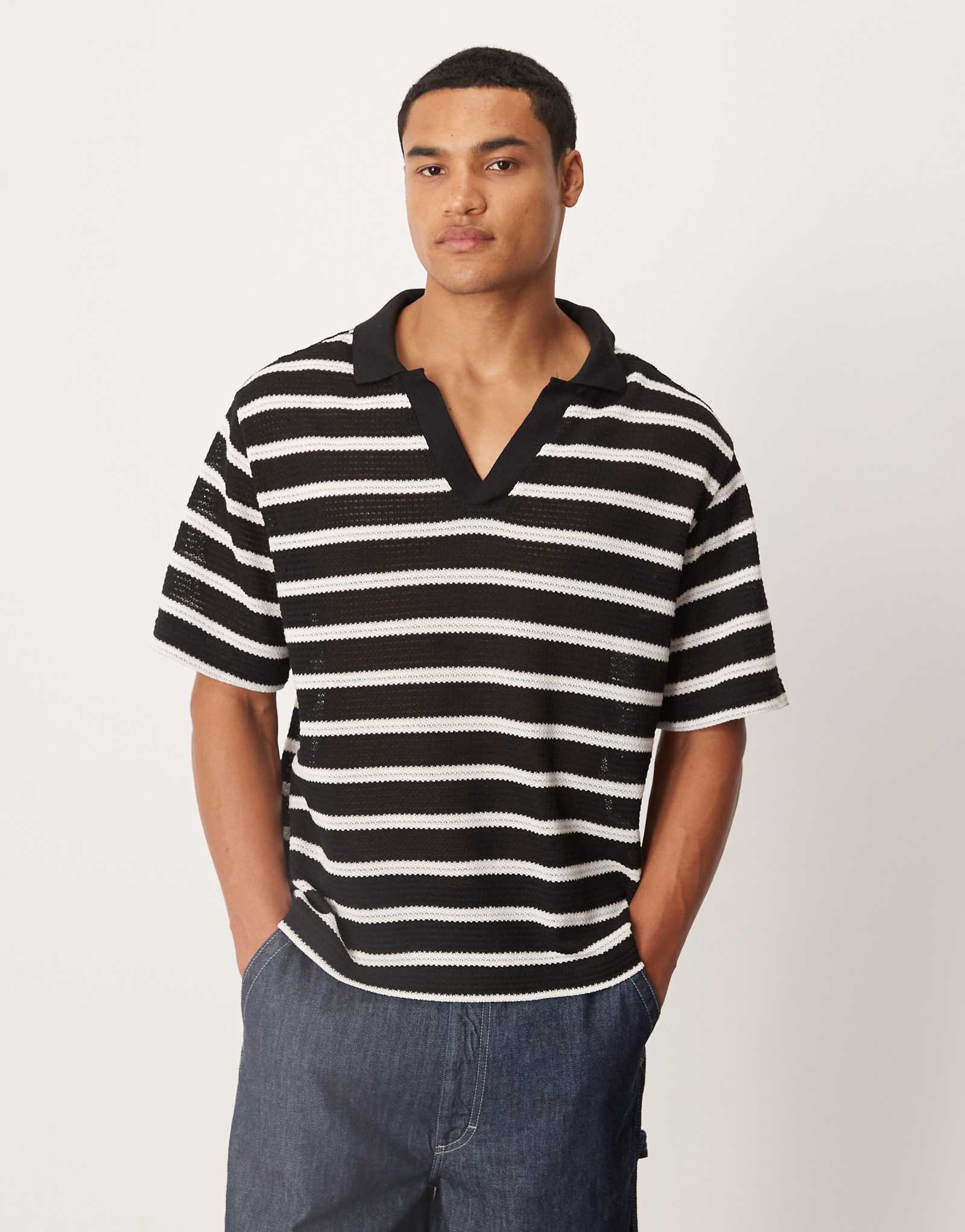 Топ-поло из тонкой вязки Mango в черно-белую полоску 10190₽