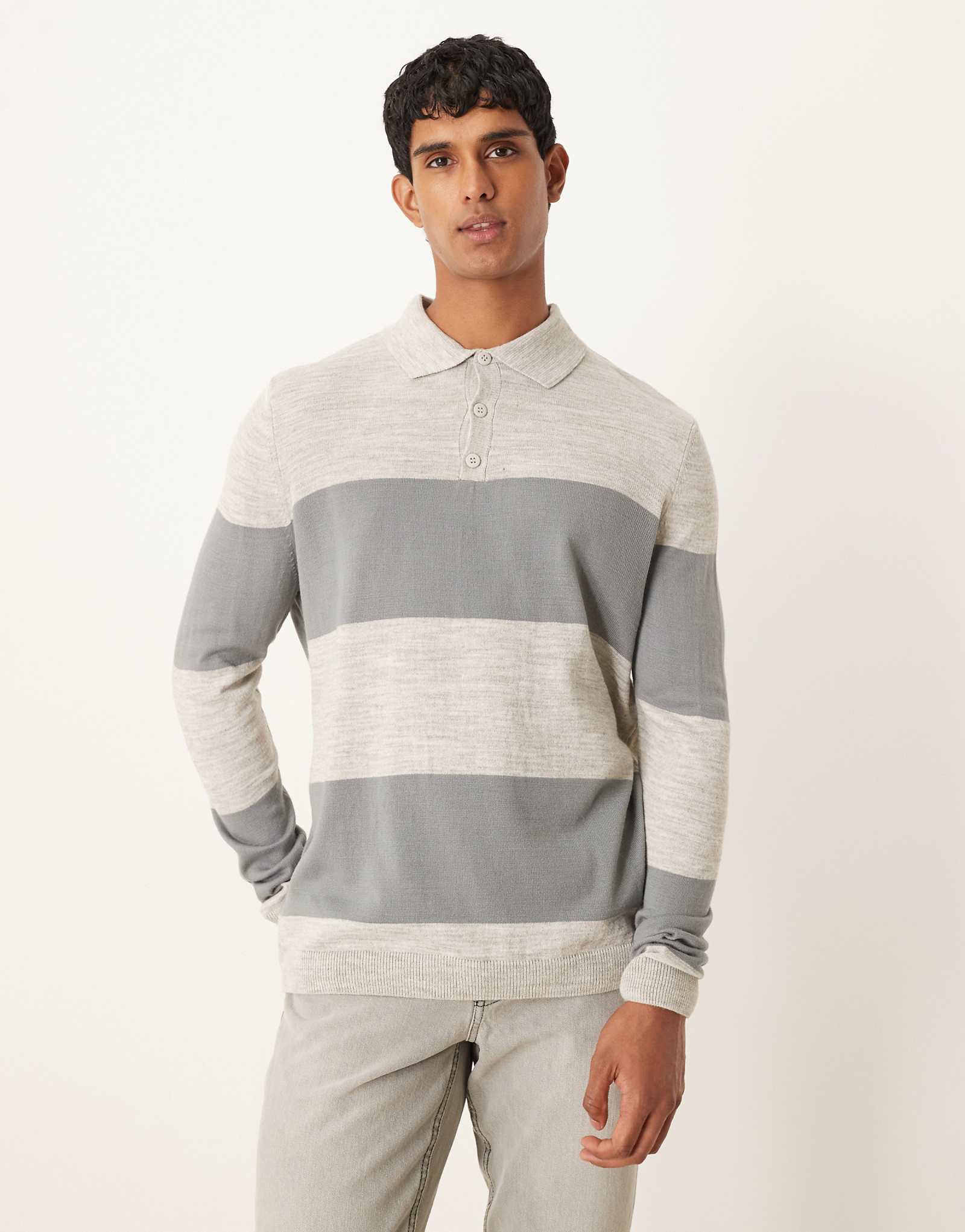 Футболка-поло оверсайз ASOS DESIGN темно-синяя с длинными рукавами в полоску 8190₽