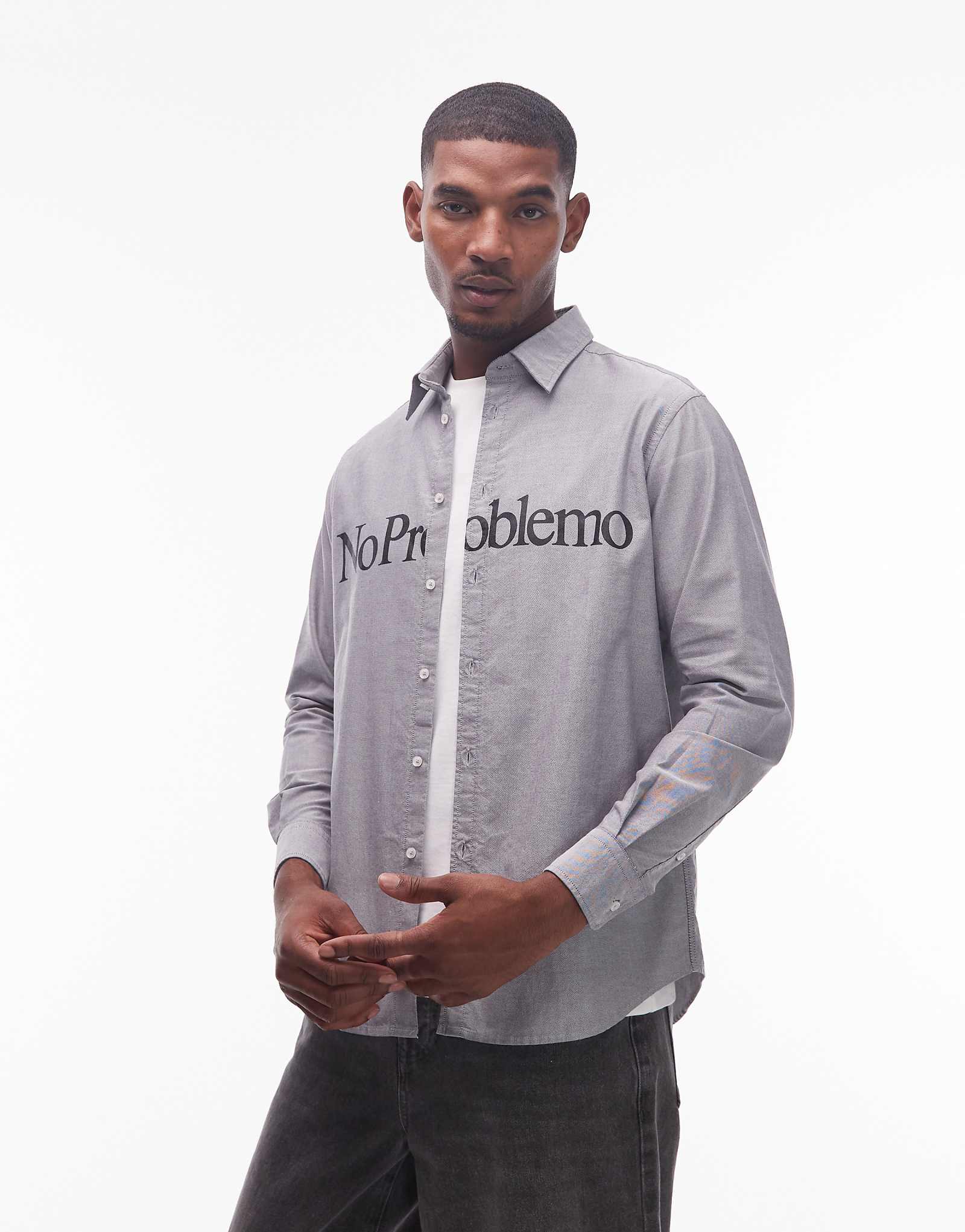 Оксфордская рубашка с длинным рукавом и логотипом No Problemo серого цвета