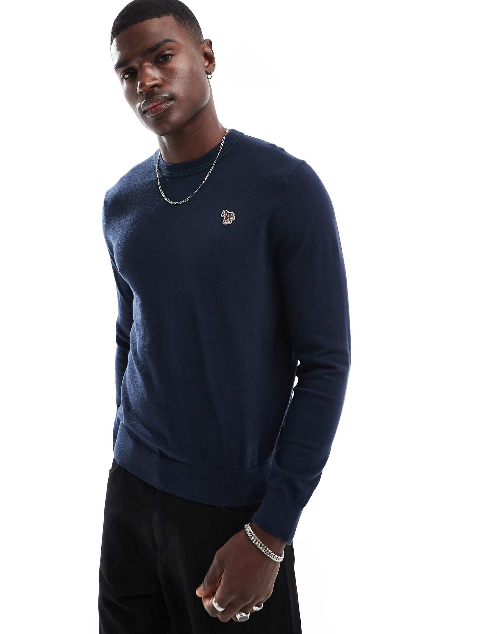 Вязаный свитер PS Paul Smith с круглым вырезом и логотипом icon zebra темно-синего цвета 32090₽