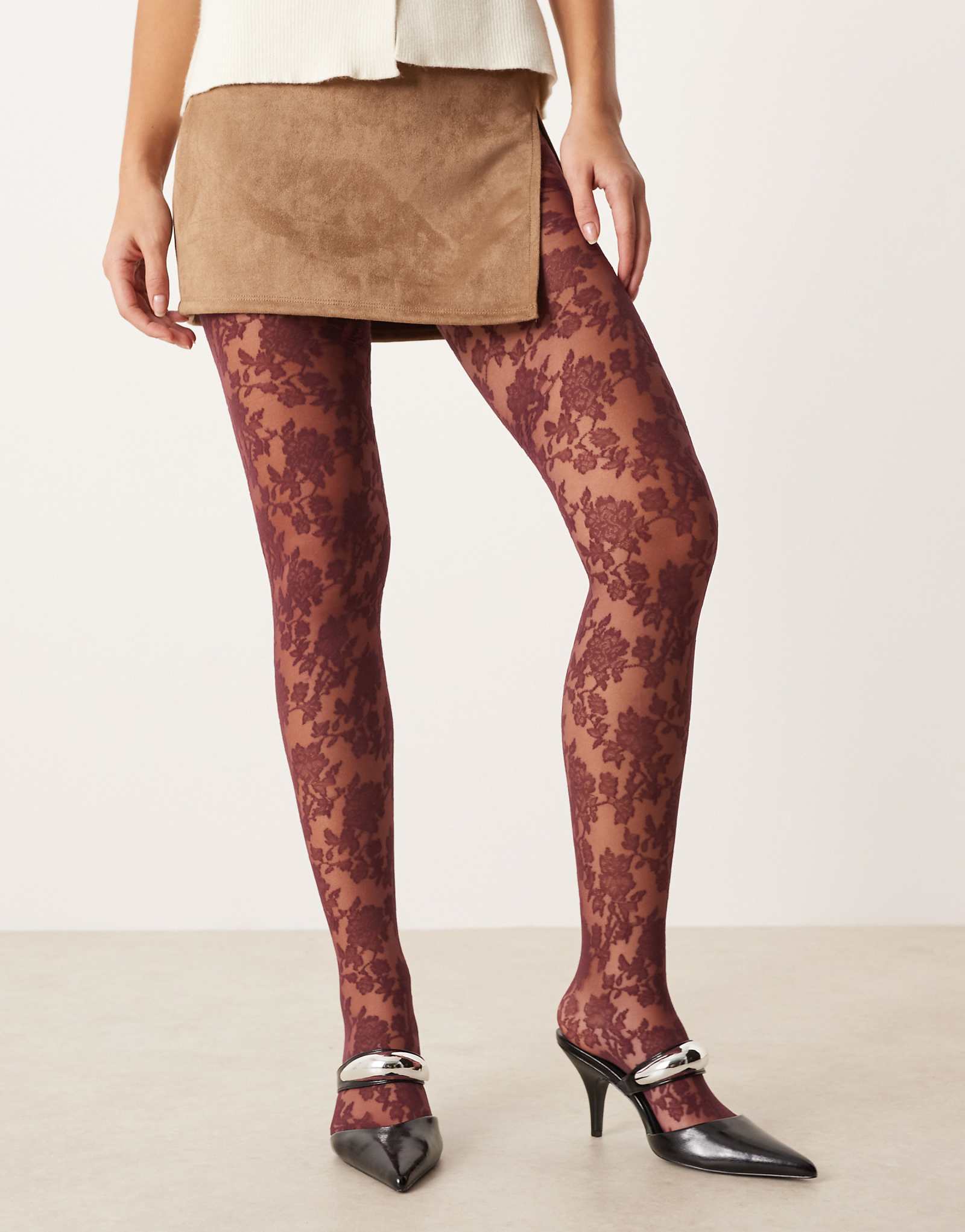 ДИЗАЙНЕРСКИЕ кружевные колготки ASOS с цветочным рисунком бордового цвета 3490₽